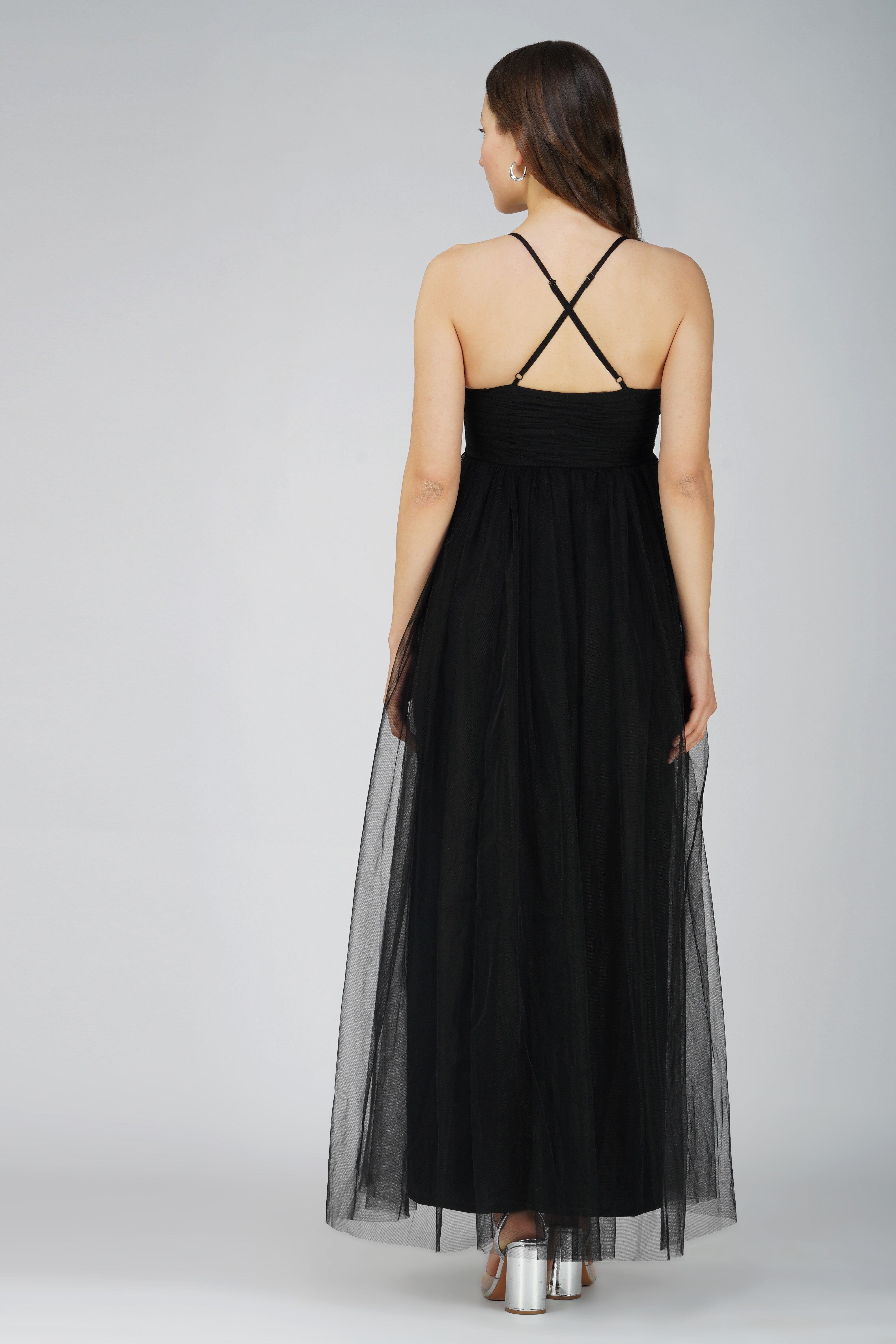 Elegant Black Opal Tulle Maxi Dress for Women - Perfect for Evening Parties, Weddings & Special Occasions
