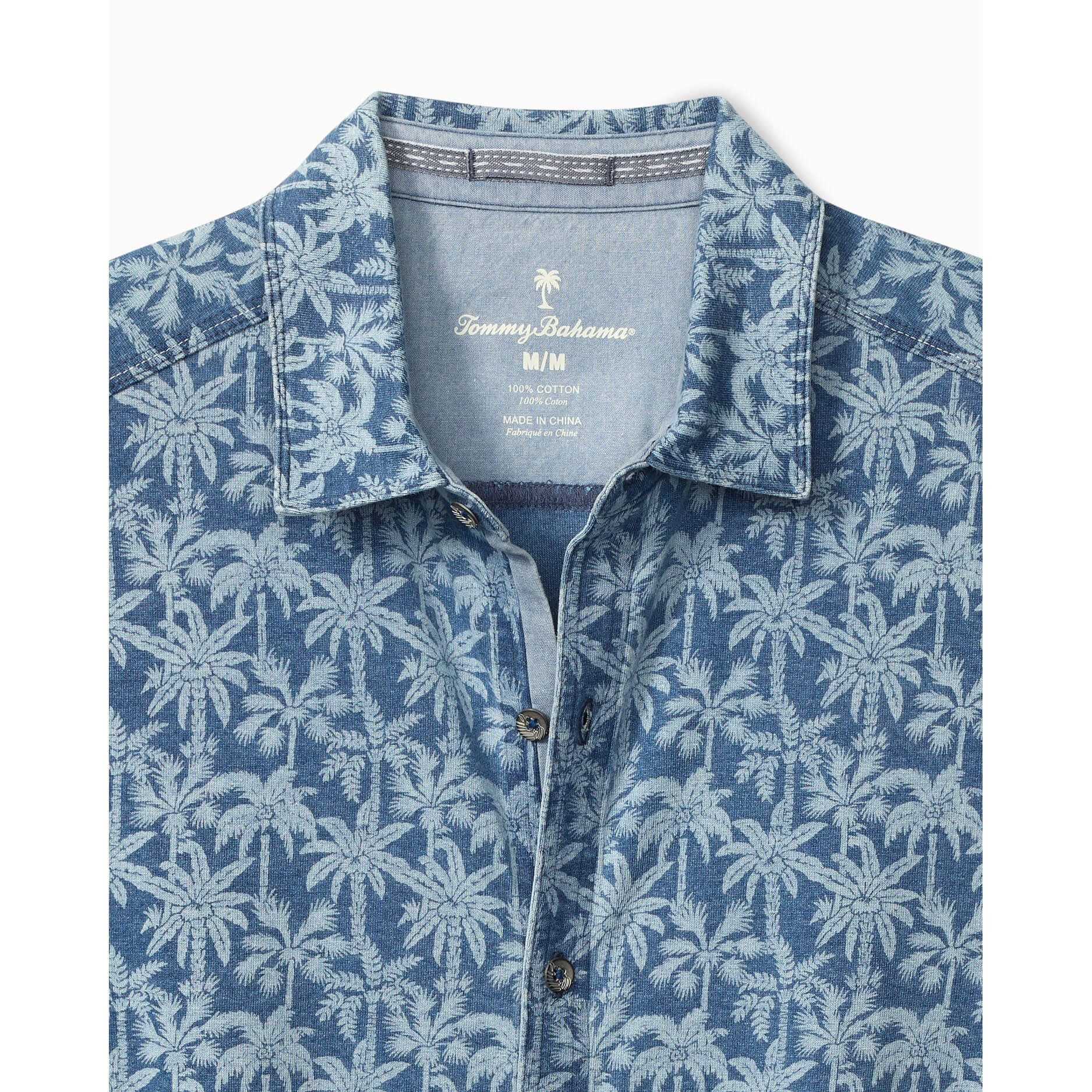 Tommy Bahama Men's Palm Grotto Camp Shirt - Faded Indigo Hawaiian Style Casual Button Up Shirt for Beach, Vacation & Summer Outings