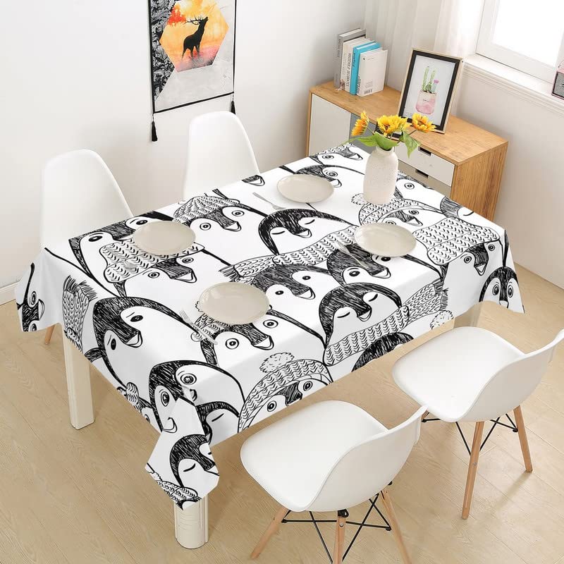 Waterproof Penguin Tablecloth for Square Tables - 55 x 71 Inch Black White Antarctic Animals Design, Perfect for Kitchen, Dining Room, and Party Decorations
