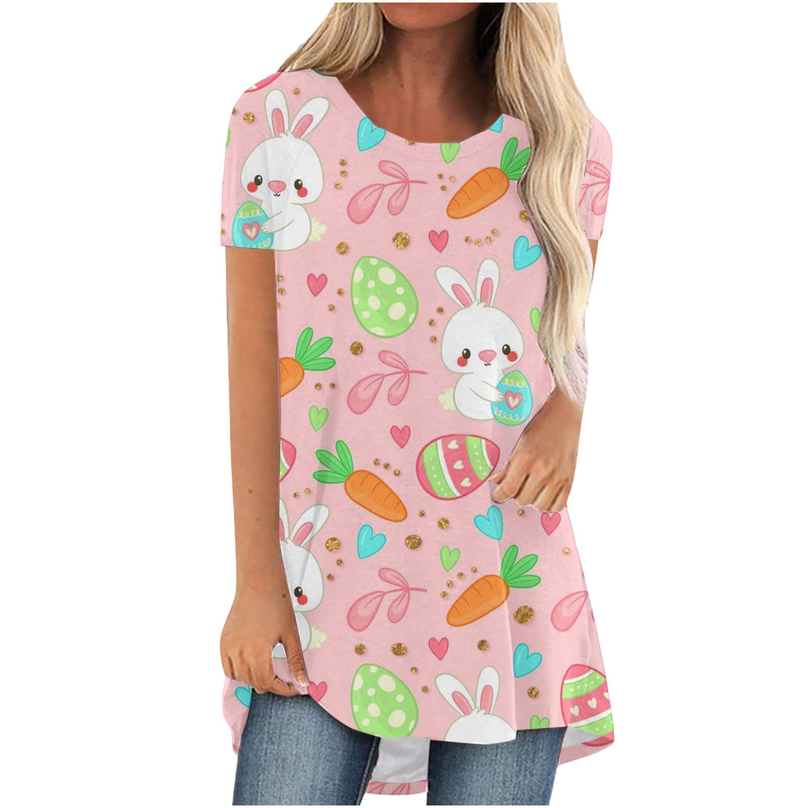 Easter Bunny Tunic Tops for Women - Cute Loose Swing Short Sleeve T-Shirts & Crewneck Sweatshirts - Perfect for Spring Outfits, Easter Celebrations & Casual Summer Wear
