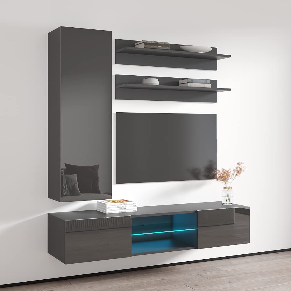 Modern Wall-Mounted TV Stand with Storage Shelves & LED Lights - 33