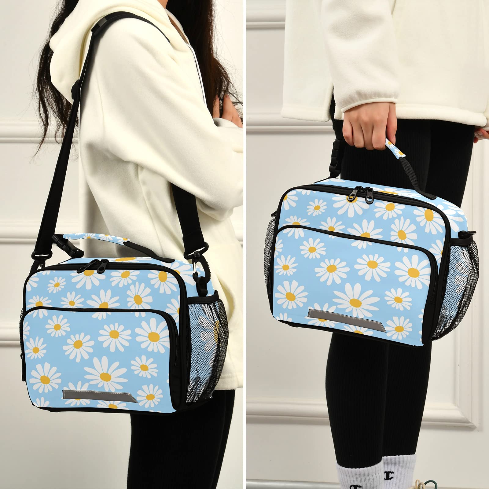 Xigua Insulated Lunch Bag with Detachable Shoulder Strap - Daisy Flower Design on Blue Background, Thermal Cooler Tote for School, Office, Picnic & Travel - Perfect for Students, Men & Women
