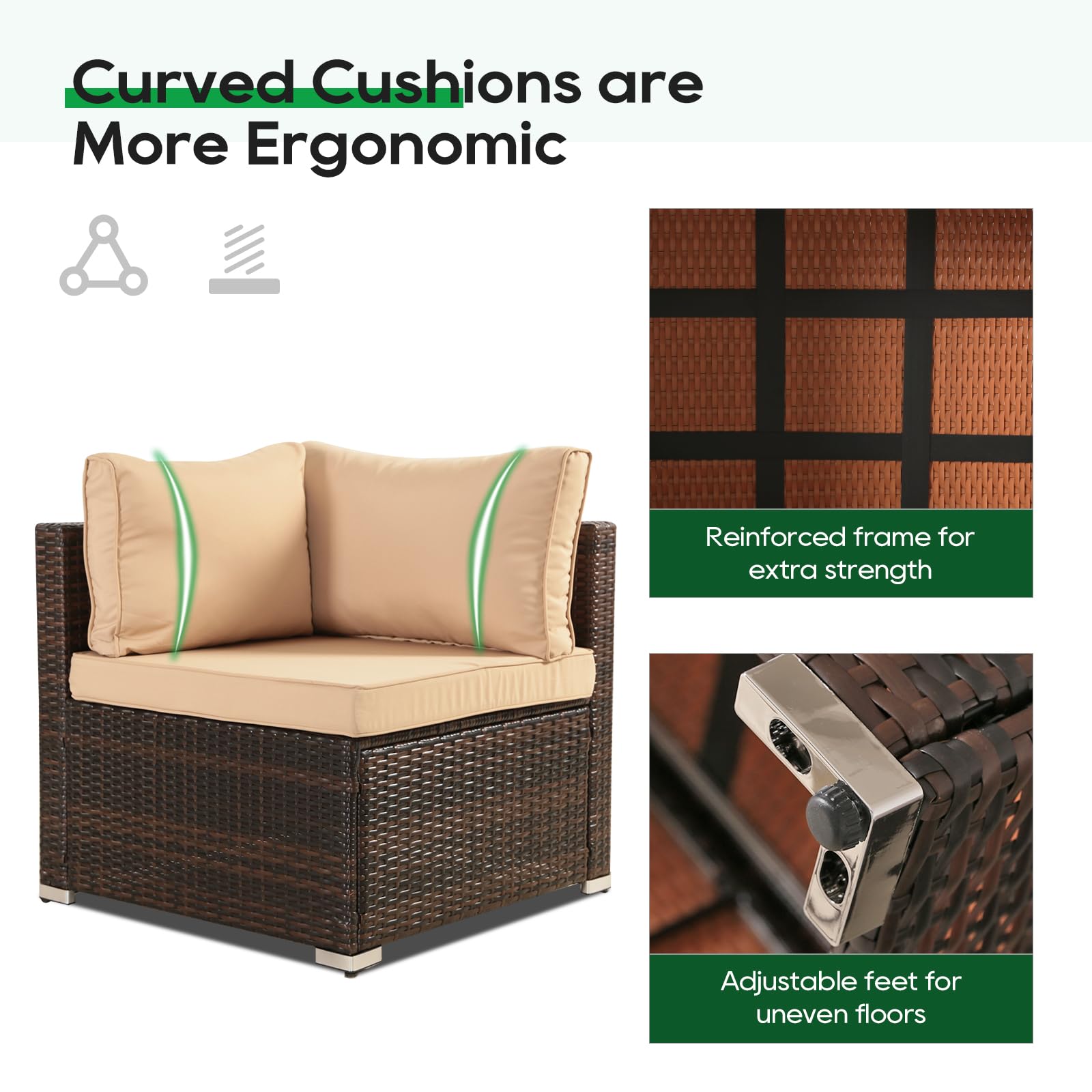 7-Piece Patio Outdoor Furniture Set - Rattan Wicker Sectional Sofa with Coffee Table - Brown Wicker & Khaki Cushion - Perfect for Deck, Lawn, Garden, and Poolside Relaxation