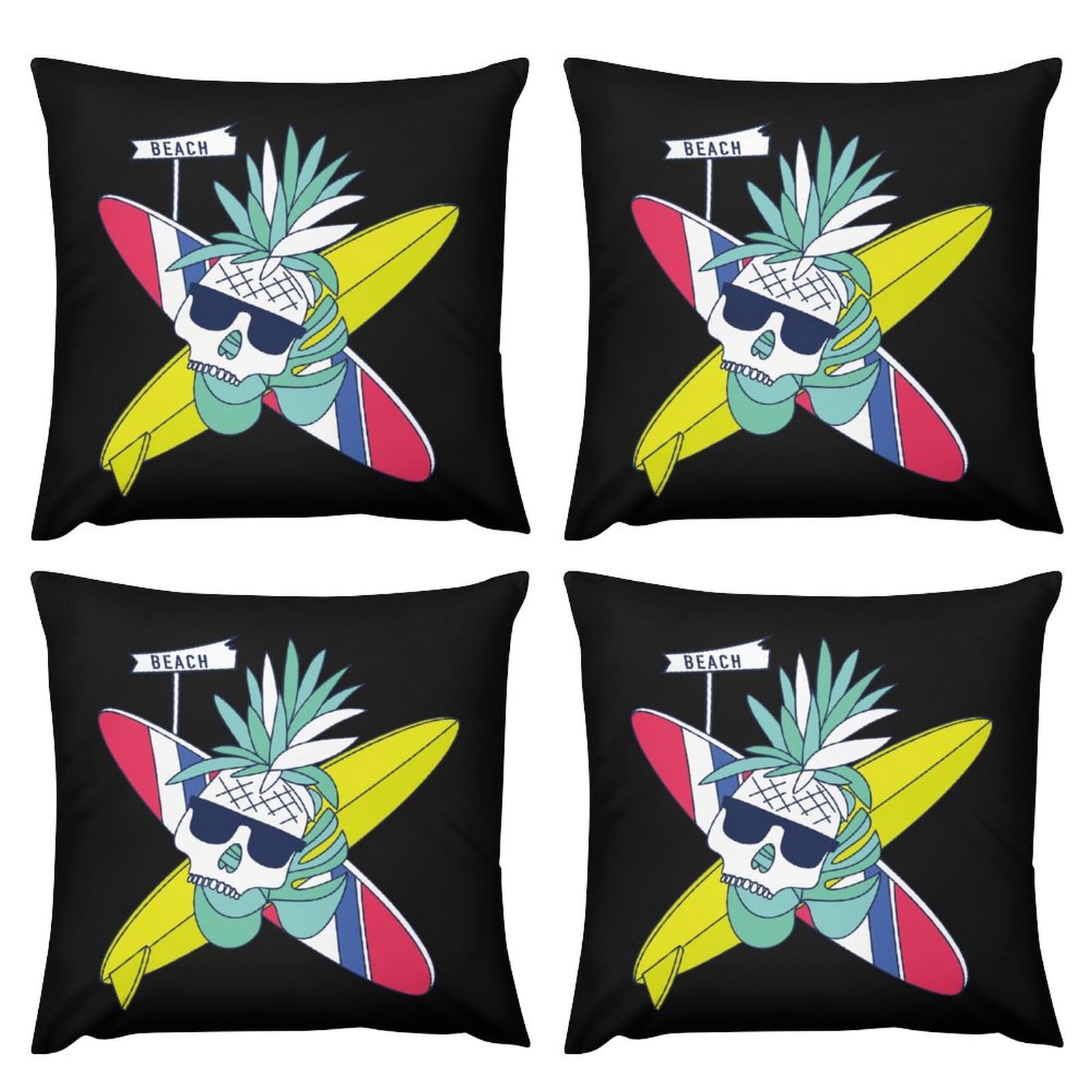 Surfboard Skull Pineapple Plush Pillow Covers - Soft 16x16 Inch Cushion Cases for Sofa, Bed, Dorm (Set of 4) - Tropical Home Decor & Beach House Accessories