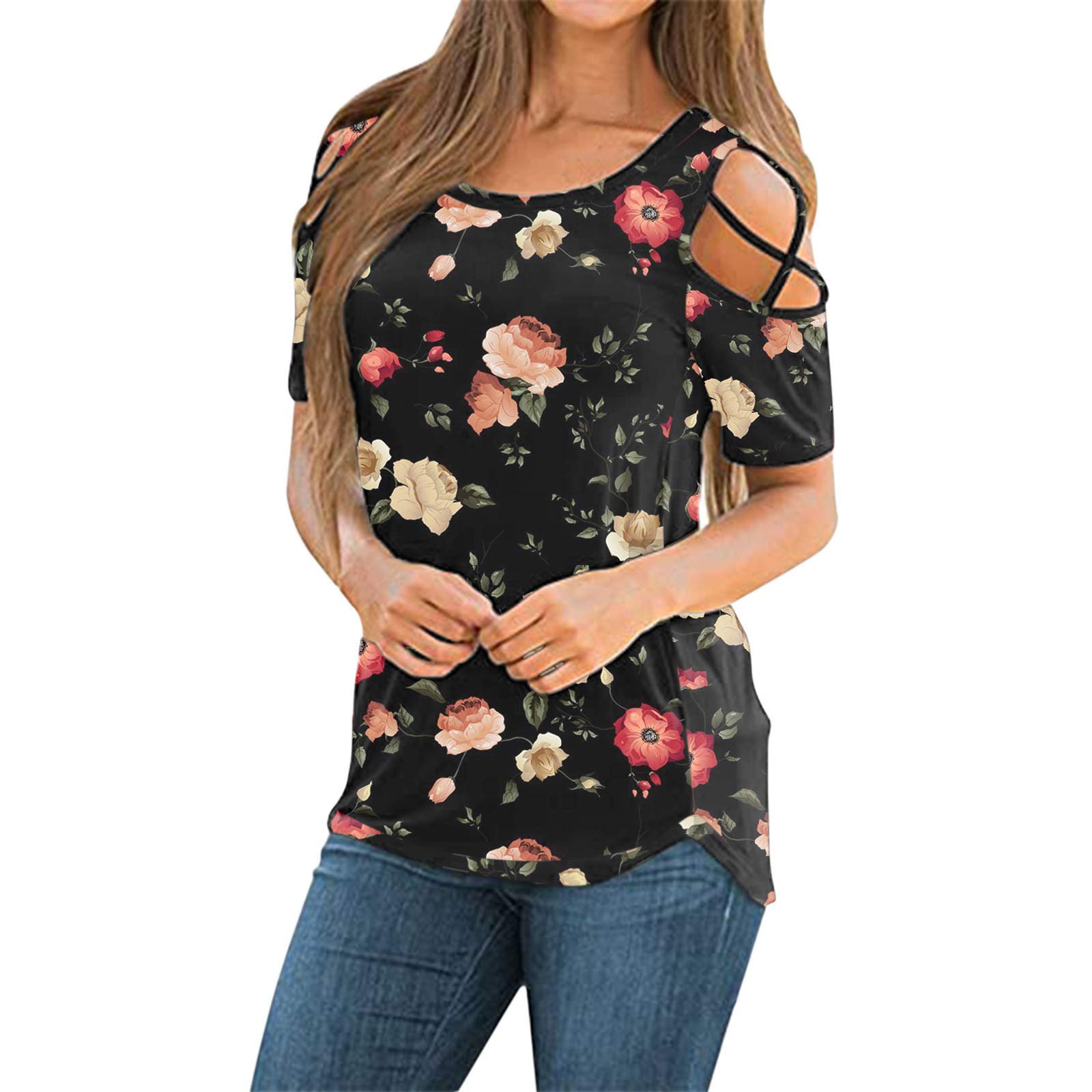 Women's Floral Print Short Sleeve T-Shirt - Summer Casual V-Neck Flowery Blouse for Women - Perfect for Beach Outings, Picnics & Everyday Wear