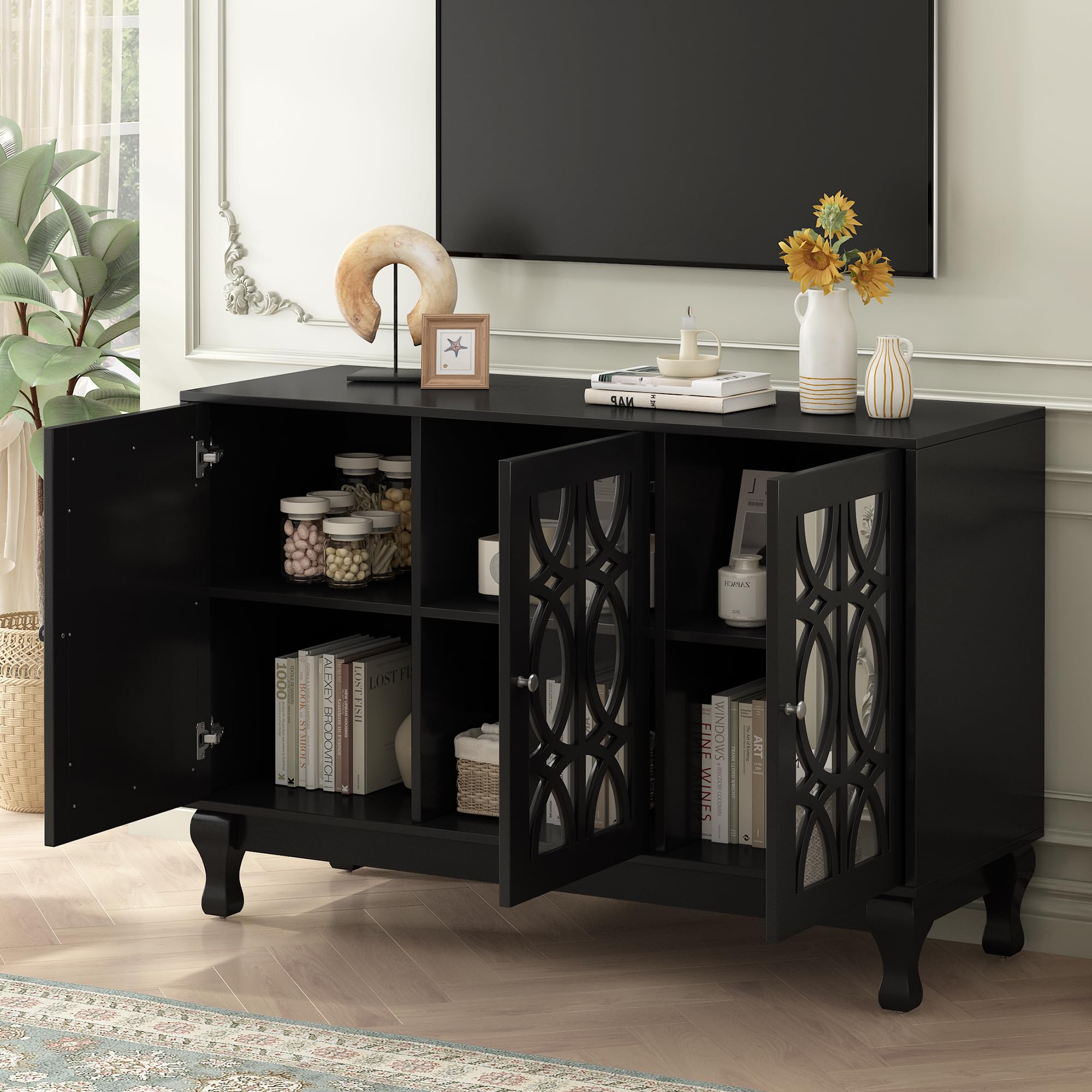 Knocbel 55 Inch TV Stand with Mirror Finish - Modern Entertainment Center with 3 Storage Cabinets, Adjustable Shelves, Solid Wood Legs & Metal Handles (47.2