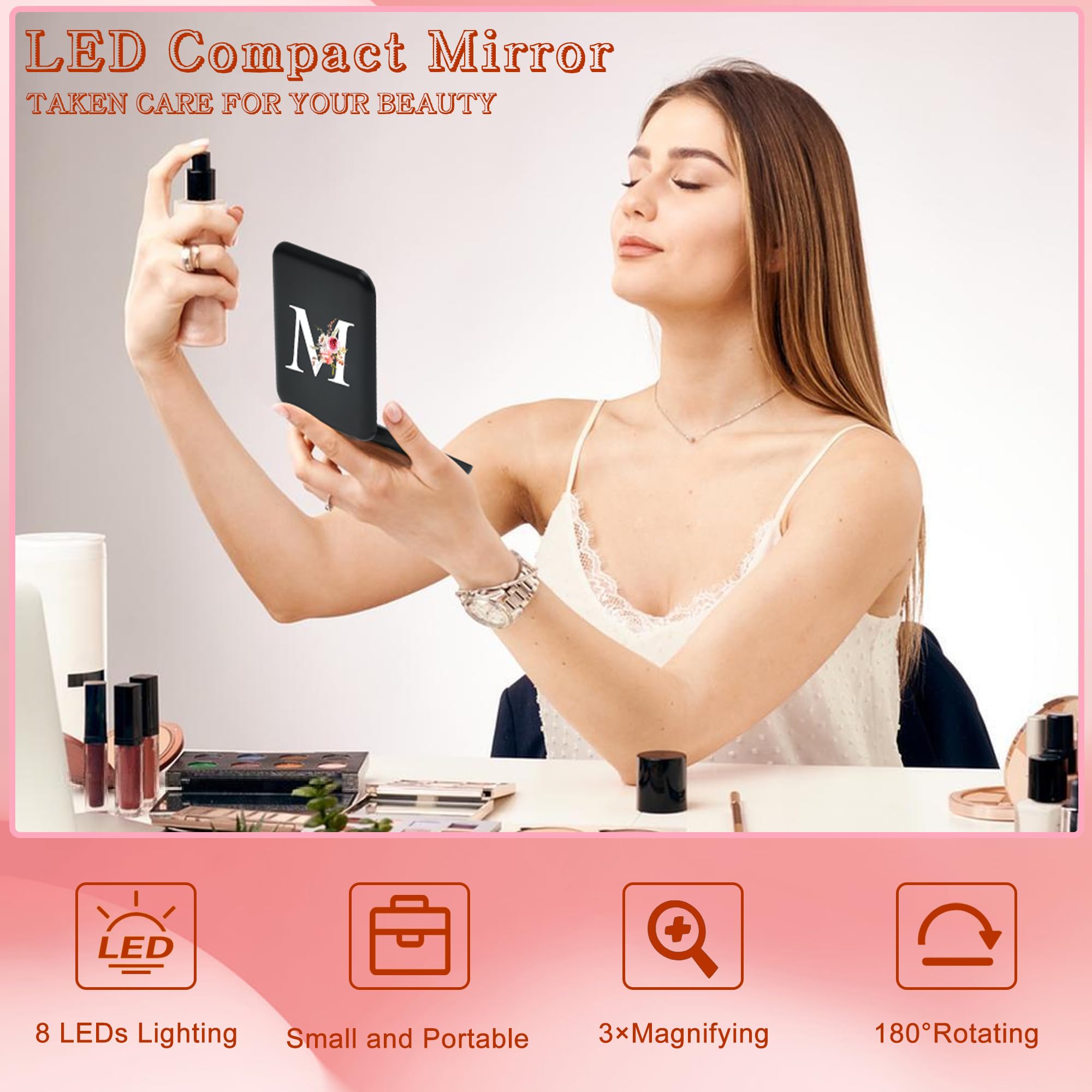 Personalized LED Compact Mirror with Light - 1X/3X Magnifying Travel Mirror for Makeup & Purse