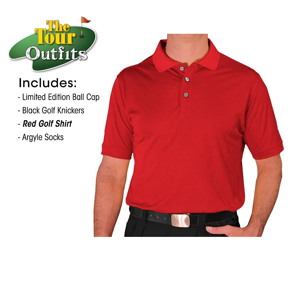 **Men's Black Microfiber Golf Outfit Set - Limited Edition Ball Cap, Over-The-Calf Argyle Socks & Red Polo Shirt - Perfect for Golfing, Casual Wear & Sports Events**