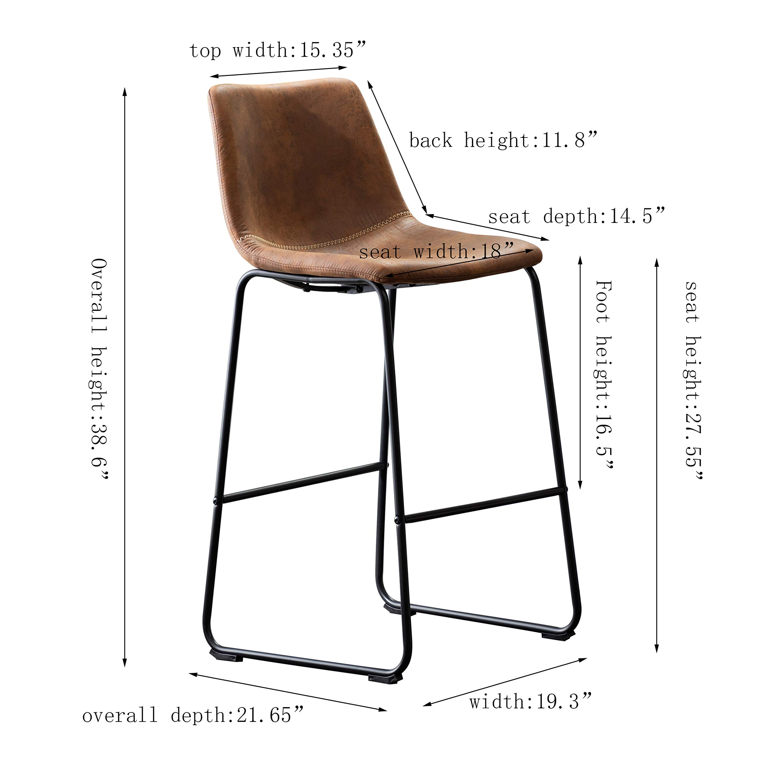 Vanity Art Set of 2 Synthetic Leather Barstools - Armless Upholstered Dining Chairs with Sturdy Metal Legs, Brown (UC-13HBRN) - Perfect for Kitchen Islands, Breakfast Bars & Small Space Dining