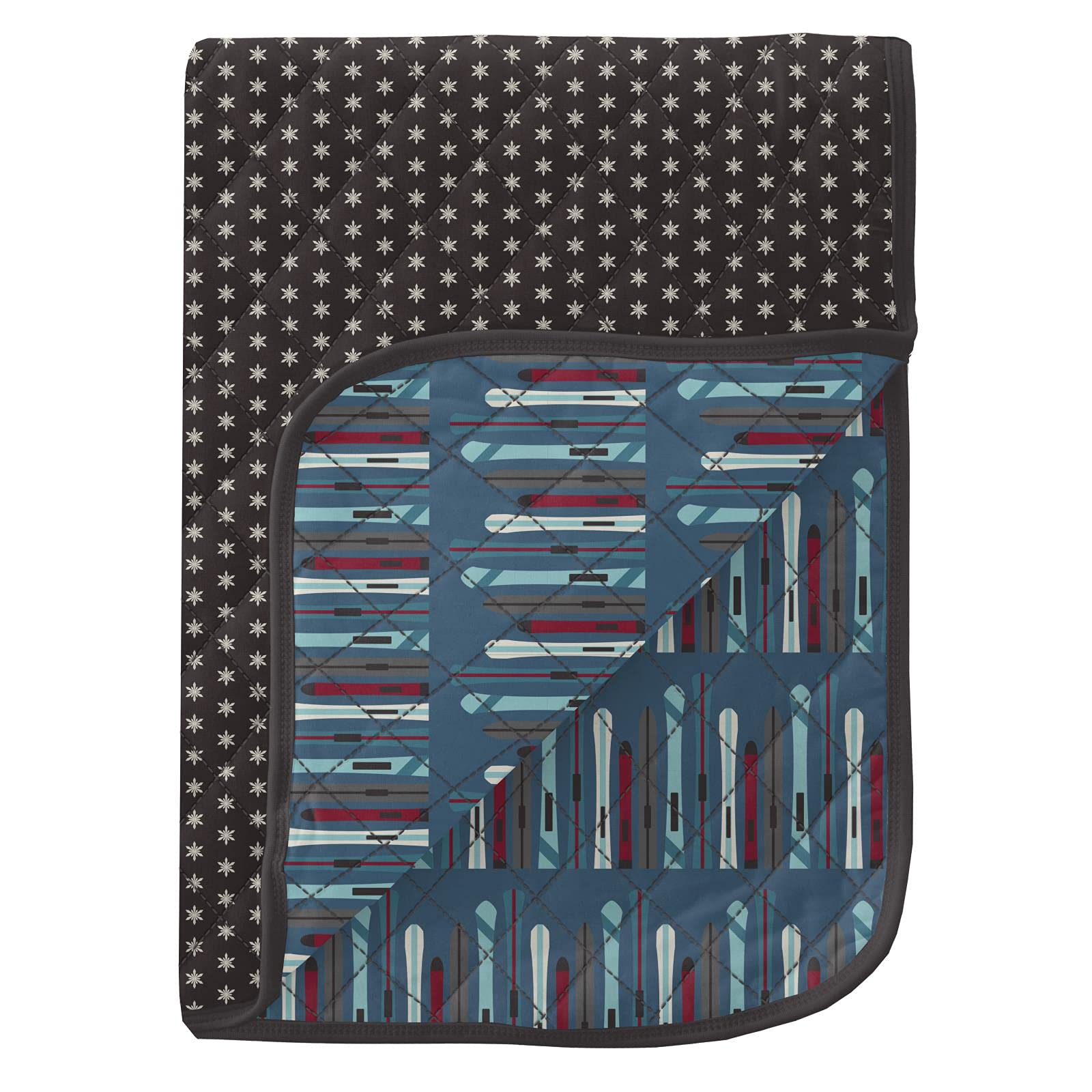KicKee Pants Quilted Stroller Baby Blanket - Ultra Soft Bamboo Viscose Security Blanket for Newborns & Infants (Midnight Tiny Snowflakes/Twilight Skis, One Size) - Perfect for Stroller, Car Seat & Nursery Comfort