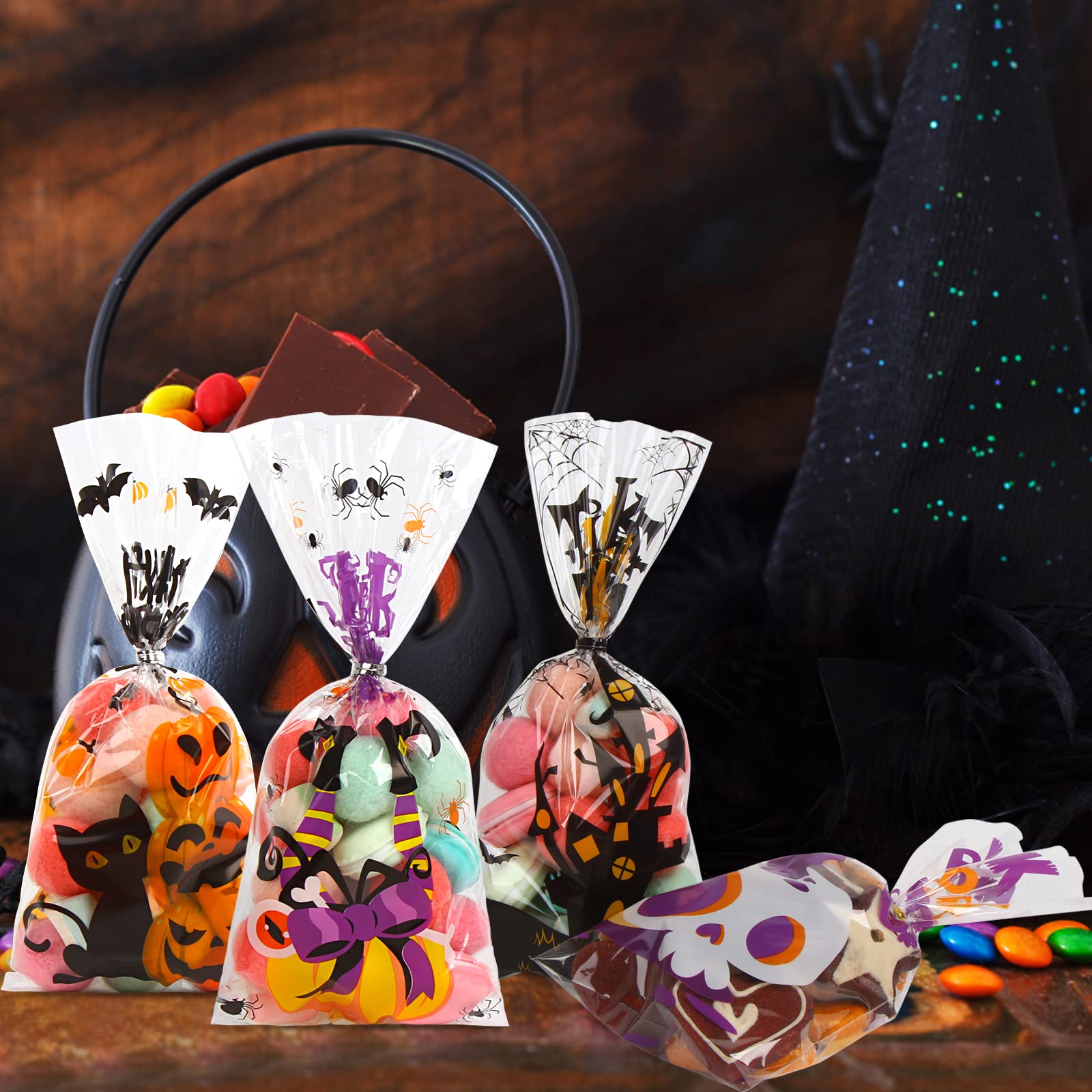 180 Pack Halloween Cellophane Treat Bags - Clear Plastic Goodie Candy Bags for Kids Party Favors with 210 Twist Ties | Bulk Snack Bags for Trick-or-Treat, Classroom Treats & Halloween Party Supplies