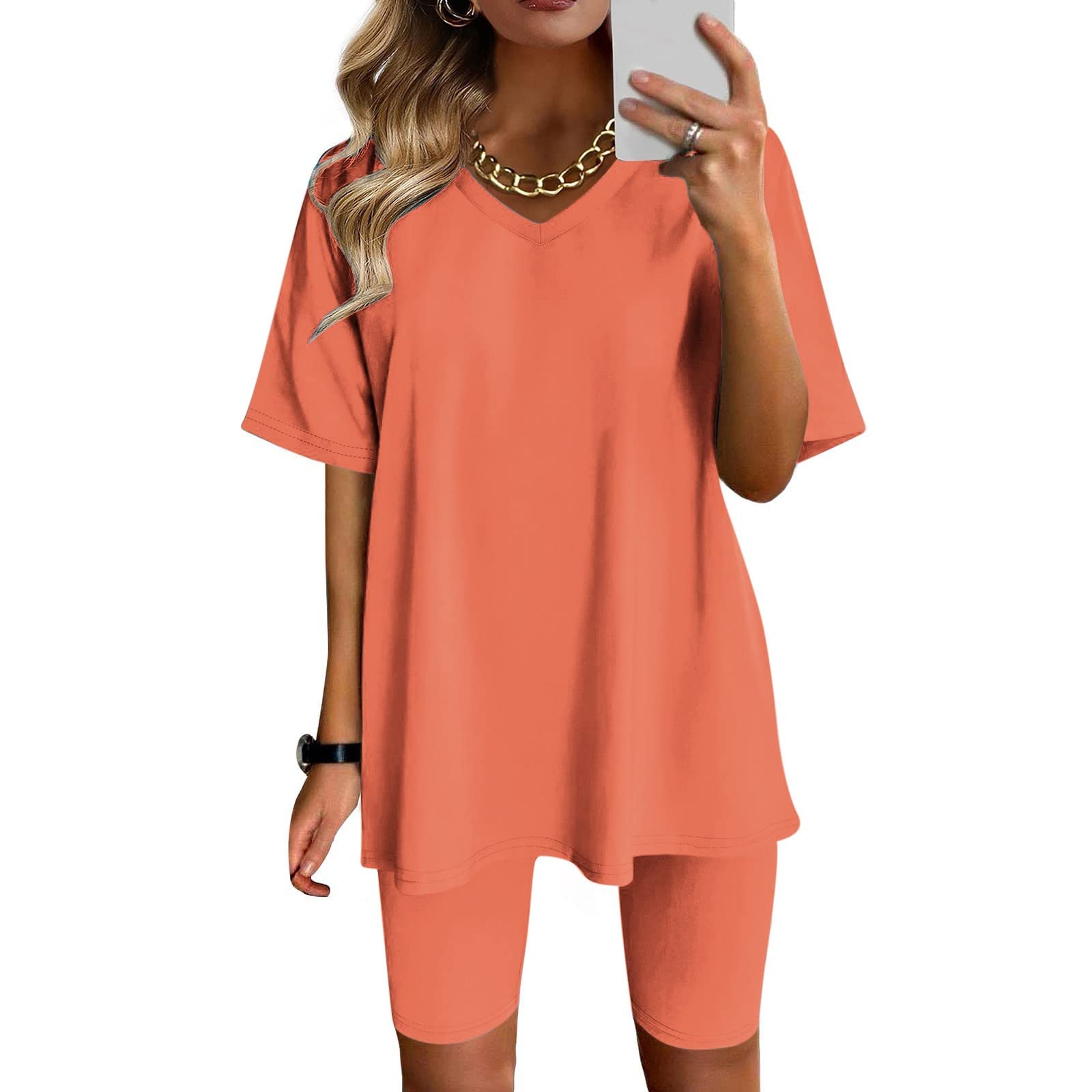 Jsaierl Women's 2 Piece Tracksuit Set - Short Sleeve Tunic Top & Bodycon Biker Shorts - Plus Size Activewear Outfits for Yoga, Running & Gym Workouts | Prime Deals & Lightning Deals Today