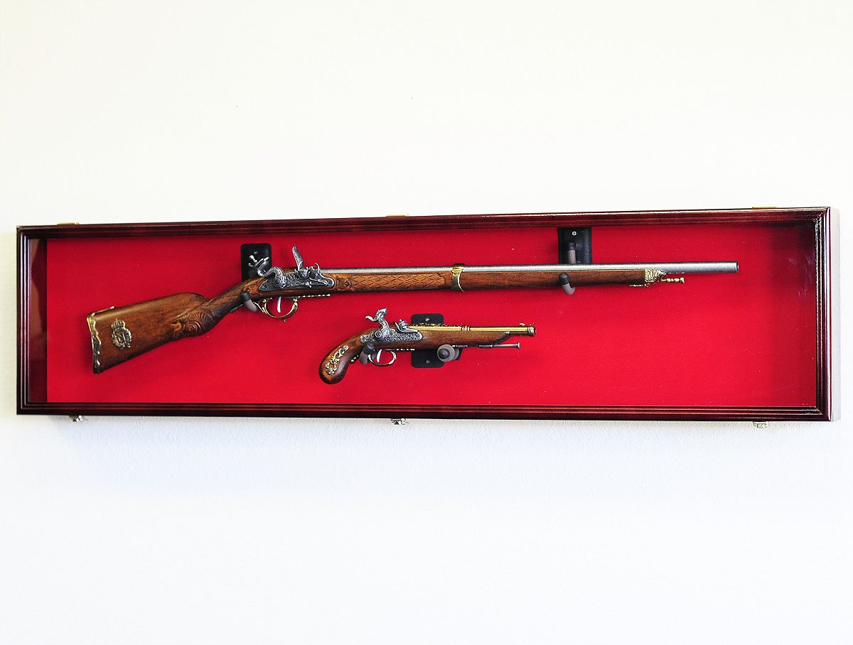 Lockable Cherry Wood Rifle Display Case with UV Protection - Wall Mounted Gun Cabinet for Long Rifles & Muskets - Perfect for Home, Office, or Hunting Lodge Decor