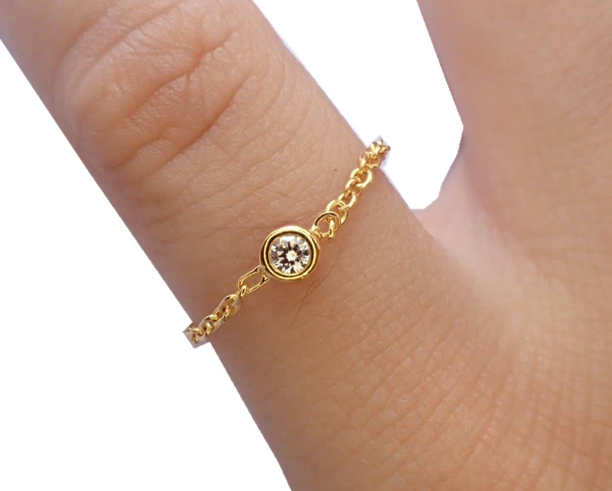 14K Yellow Gold Dainty Diamond Chain Ring - Natural Diamond Bezel Set Minimalist Band for Women - Perfect for Everyday Wear, Gift Giving & Special Occasions