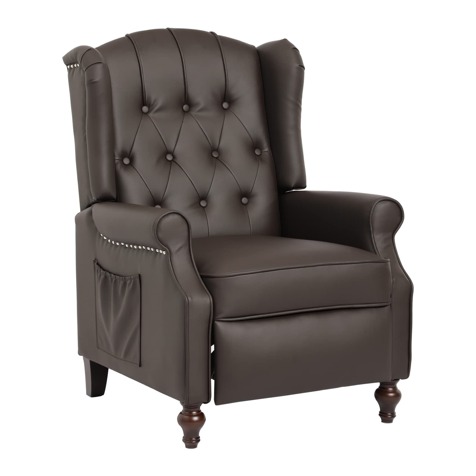 Elizabeth Vintage Style Wingback Recliner Chair - Tufted Upholstered Club Chair with Vibration Massage, Heating & Side Pockets | PU Leather Brown Living Room Accent Chair for Relaxation & Home Theater