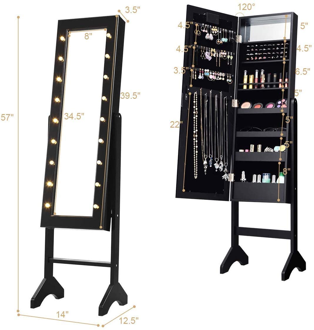 Giantex Standing Jewelry Armoire with 18 LED Lights - Large Mirrored Jewelry Cabinet with Full Length Mirror, 16 Lipstick Holders & Inside Makeup Mirror - Perfect for Bedroom, Closet & Dressing Room Organization (Black)