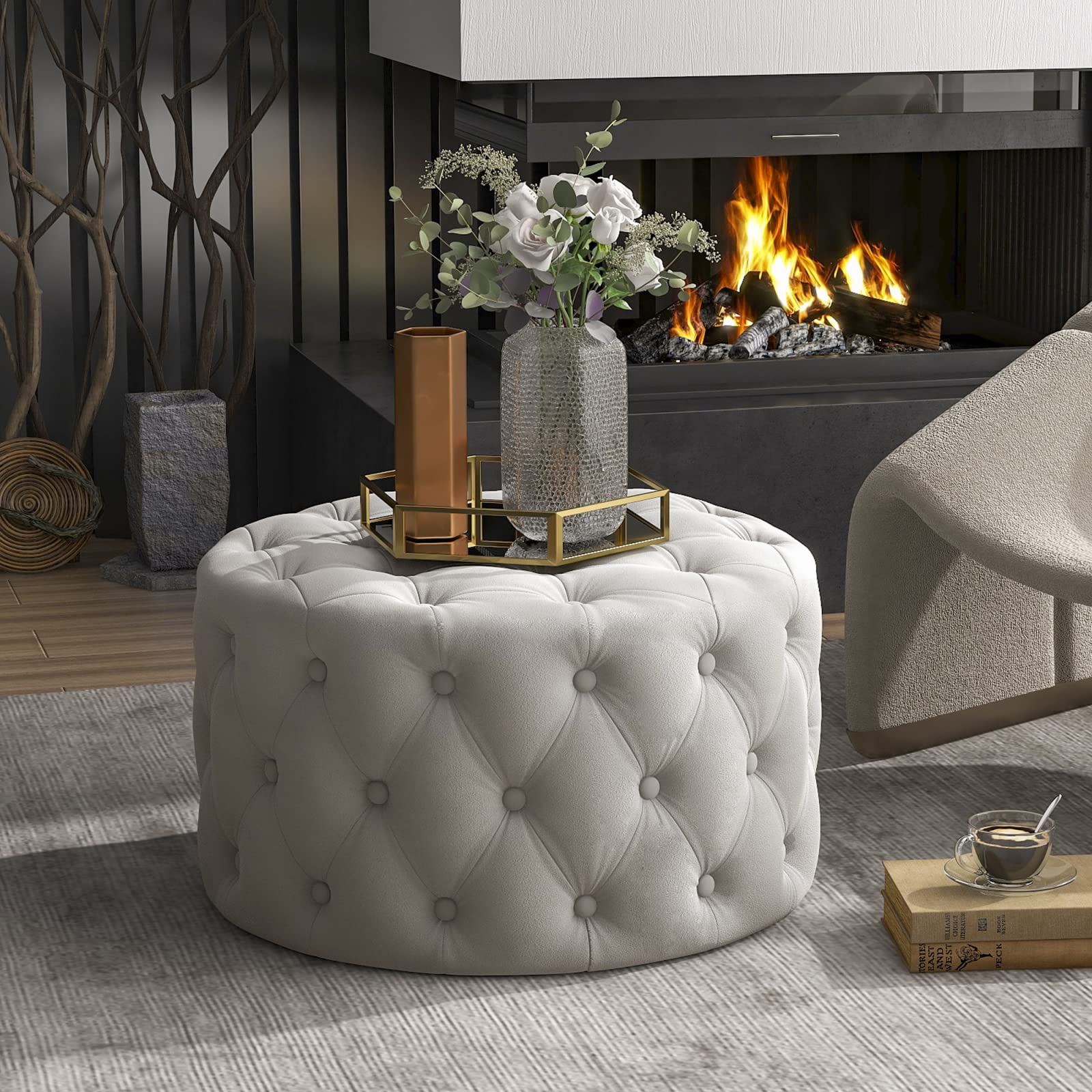 Velvet Round Ottoman with Button Tufted Design - 29.5