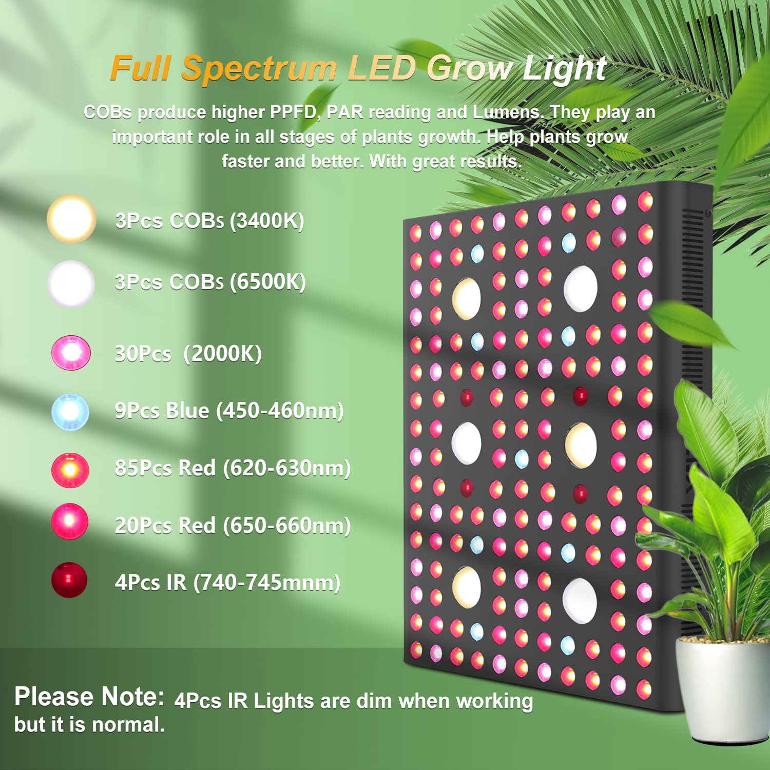 AGLEX 655W COB LED Grow Light Full Spectrum - Hydroponic Indoor Plant Growing Lamp with Daisy Chain & Veg/Bloom Switch for Greenhouse, Vegetables, Flowers (C3000) - Perfect for Seedlings, Herbs, and Cannabis Cultivation