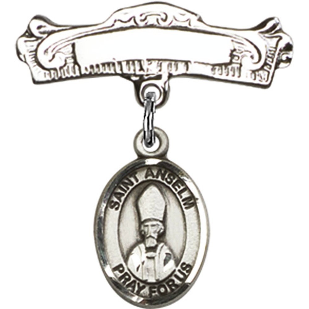 St. Anselm of Canterbury Sterling Silver Baby Badge - 7/8 X 7/8 Inch Arched Polished Charm Pin for Christening, Baptism & First Communion Gifts