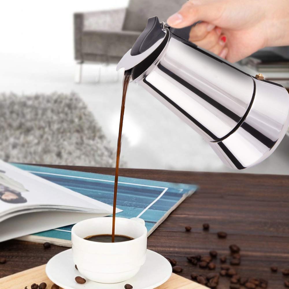 Premium Stainless Steel Stovetop Espresso Maker - 6 Oz Moka Pot for Cuban & Italian Coffee | Induction Compatible, PBA-Free Greca Coffee Maker (4 Espresso Cups, Silver) | Perfect for Home Brewing, Camping & Gifts
