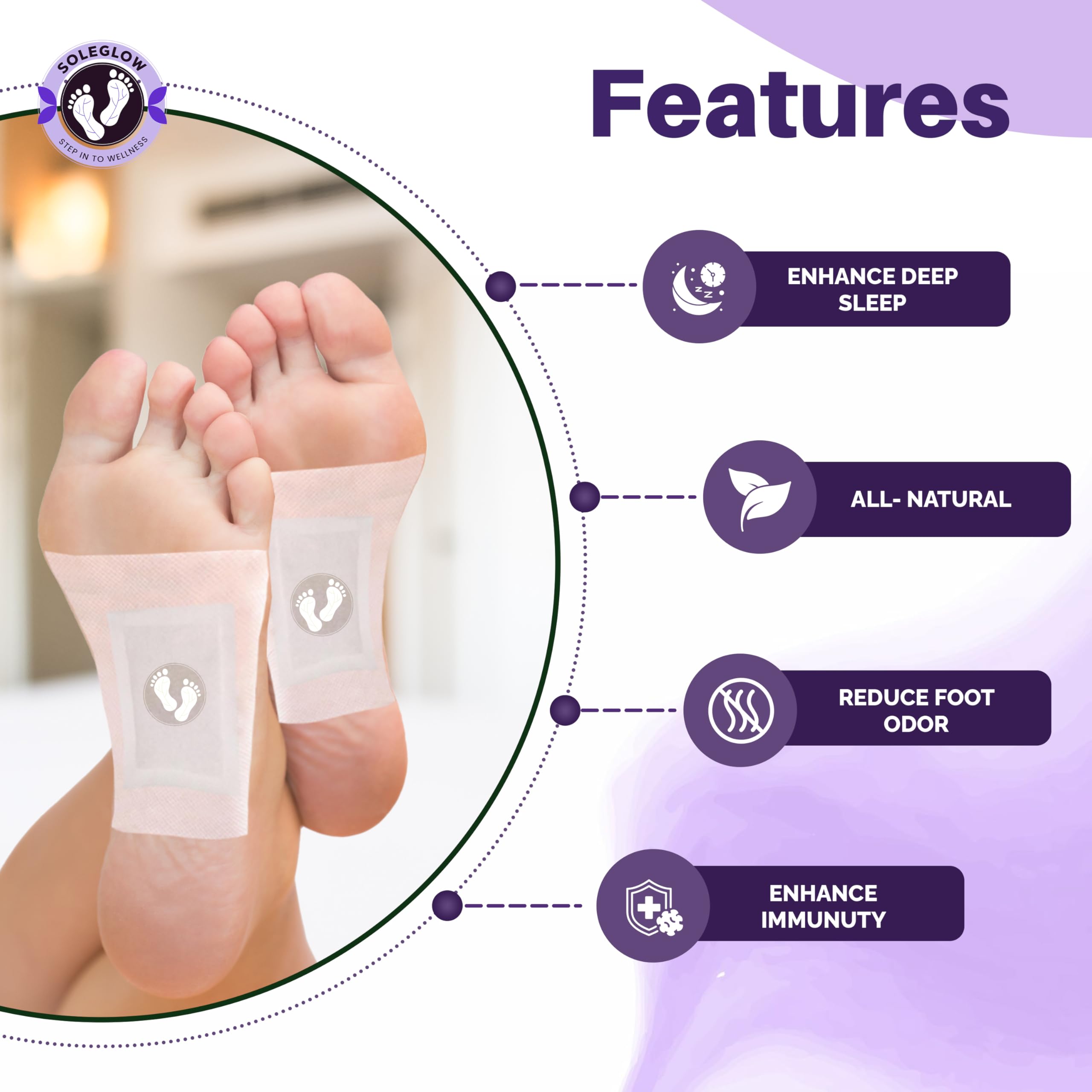 Soleglow Ultra Detox Foot Patches - Natural Cleansing Toxin Remover Foot Pads for Men & Women, Stress Relief & Detoxification, Lavender Scented (30 Pads) - Perfect for Nighttime Relaxation & Post-Workout Recovery