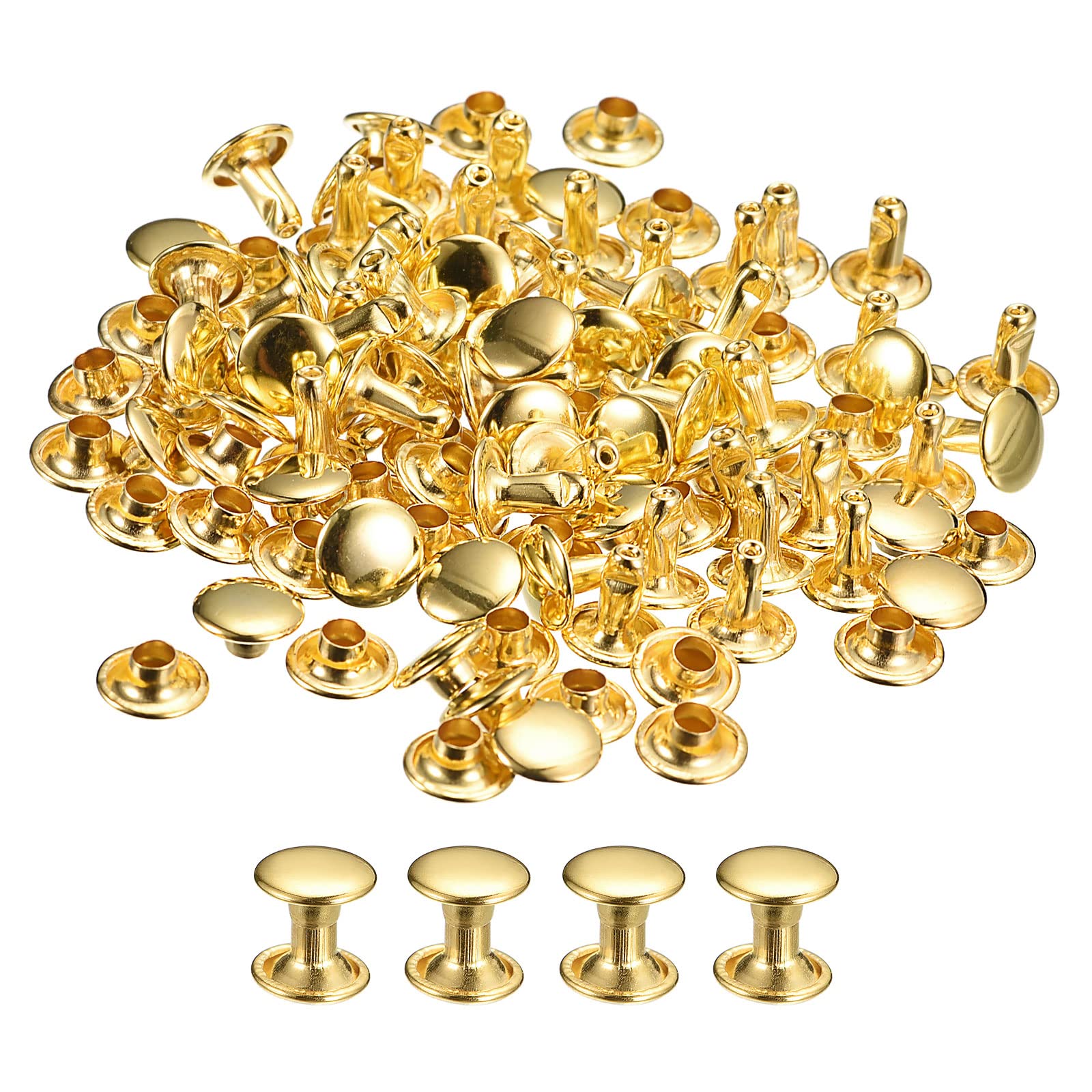 50 Sets 8mm Double Cap Leather Rivets - Gold Tone Metal Studs for DIY Leather Craft, Repairing Purses, Belts, Bags & Shoes | Perfect for Handmade Leather Goods, Accessories & Clothing Repairs