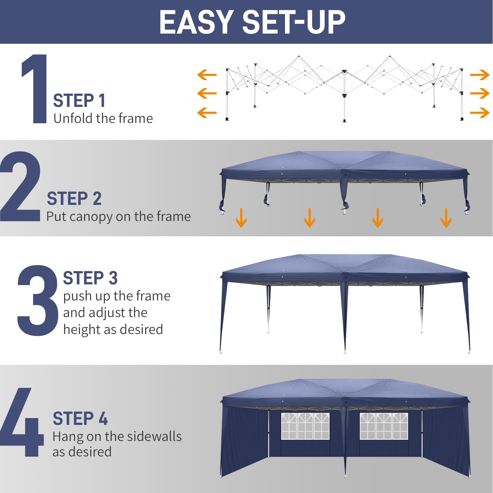 10x20 Ft Easy Pop Up Canopy Tent - Waterproof Outdoor Party Gazebo with Adjustable Height, 4 Removable Sidewalls & 2 Windows - Perfect for Backyard, Beach, Garden, Patio & Outdoor Events - Includes Carry Bag (Blue)