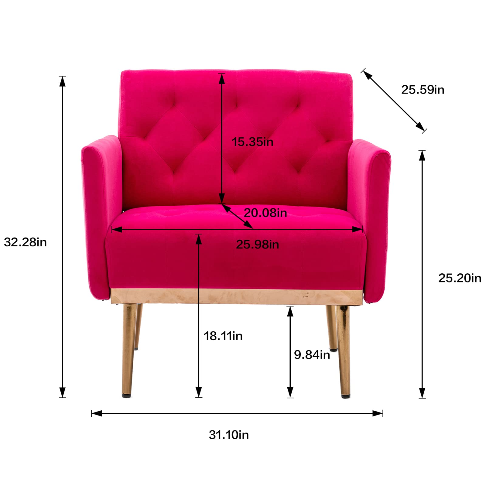 Luxury Velvet Accent Chair with Gold Metal Legs - Modern Single Sofa Chair for Living Room, Bedroom & Office - Small Space Armrest TV Chair - Rose Red Home Decor for Apartments, Reading Nooks & Coffee Shops