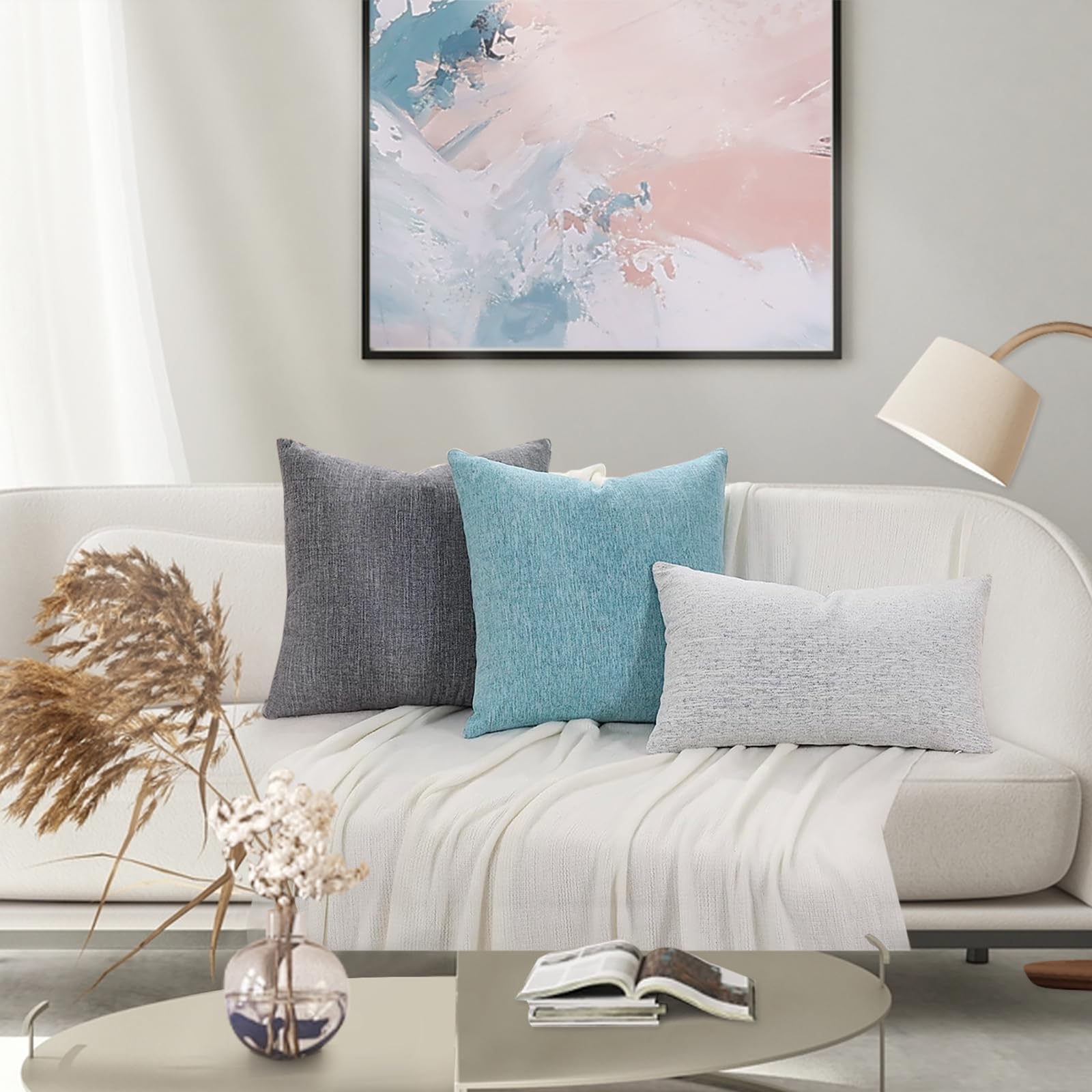Farmhouse Chenille Spring Throw Pillow Covers 26x26 Set of 2 - Textured Square Decorative Couch Sofa Bed Pillowcases for Living Room, Turquoise - Perfect for Seasonal Home Decor & Cozy Living Room Accents
