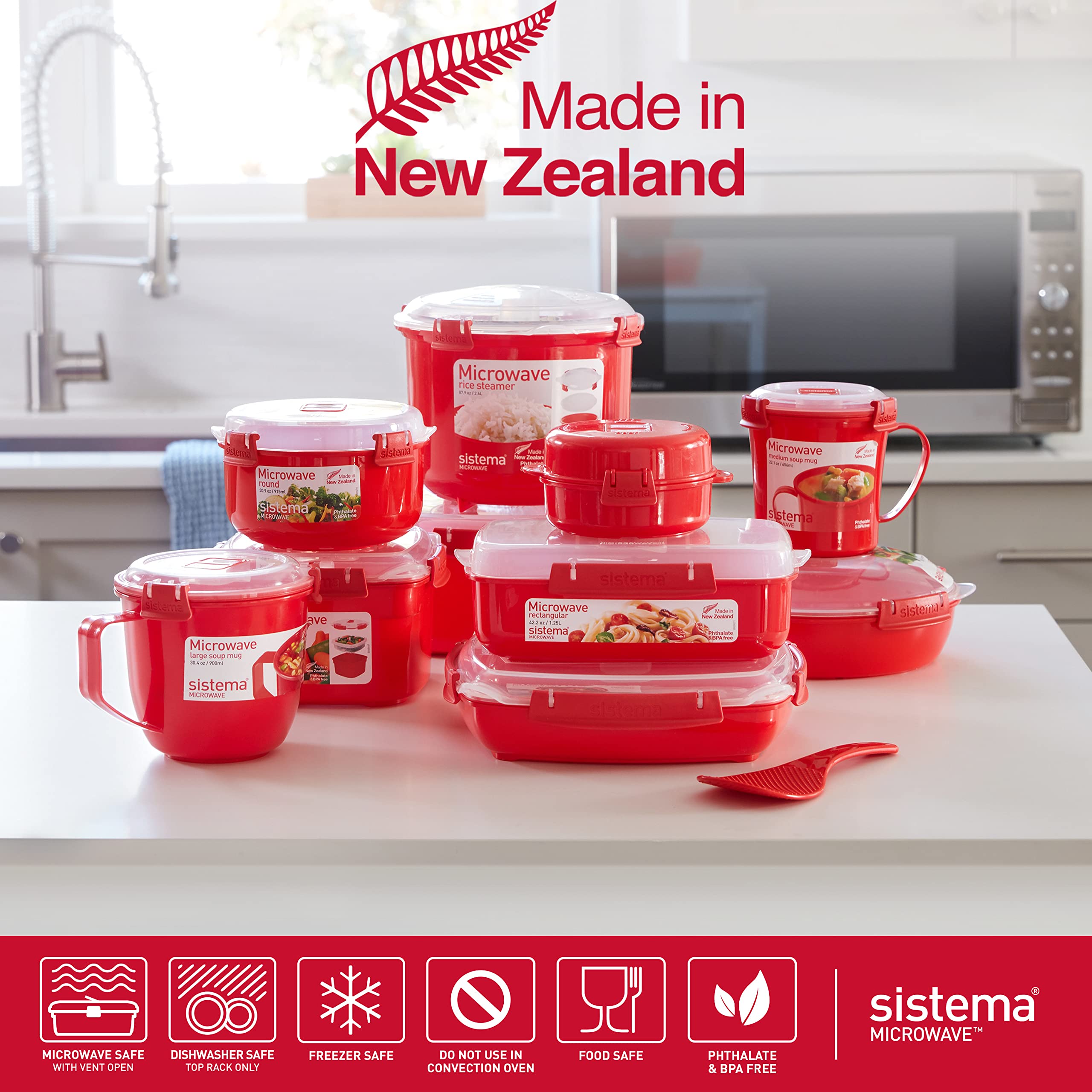 Sistema Microwave Rice Cooker & Steamer Bowl - BPA-Free Plastic Food Container with Steam Vent for Perfect Rice, Vegetables & Meal Prep - Dishwasher Safe, Red - Ideal for Dorm, Office & Quick Home Cooking
