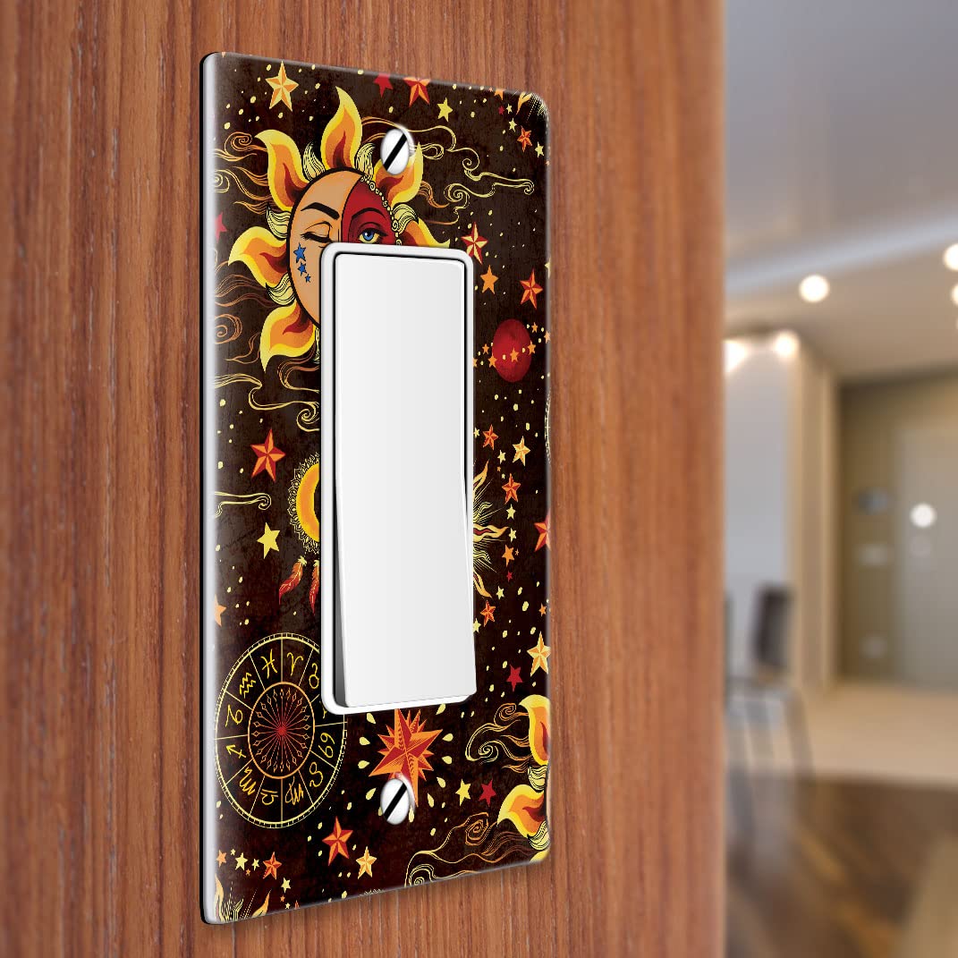 WIRESTER Single Gang Decorator Light Switch Plate Cover - Celestial Sun Moon Stars Design, 2-Piece Set for Bedroom, Nursery & Home Decor