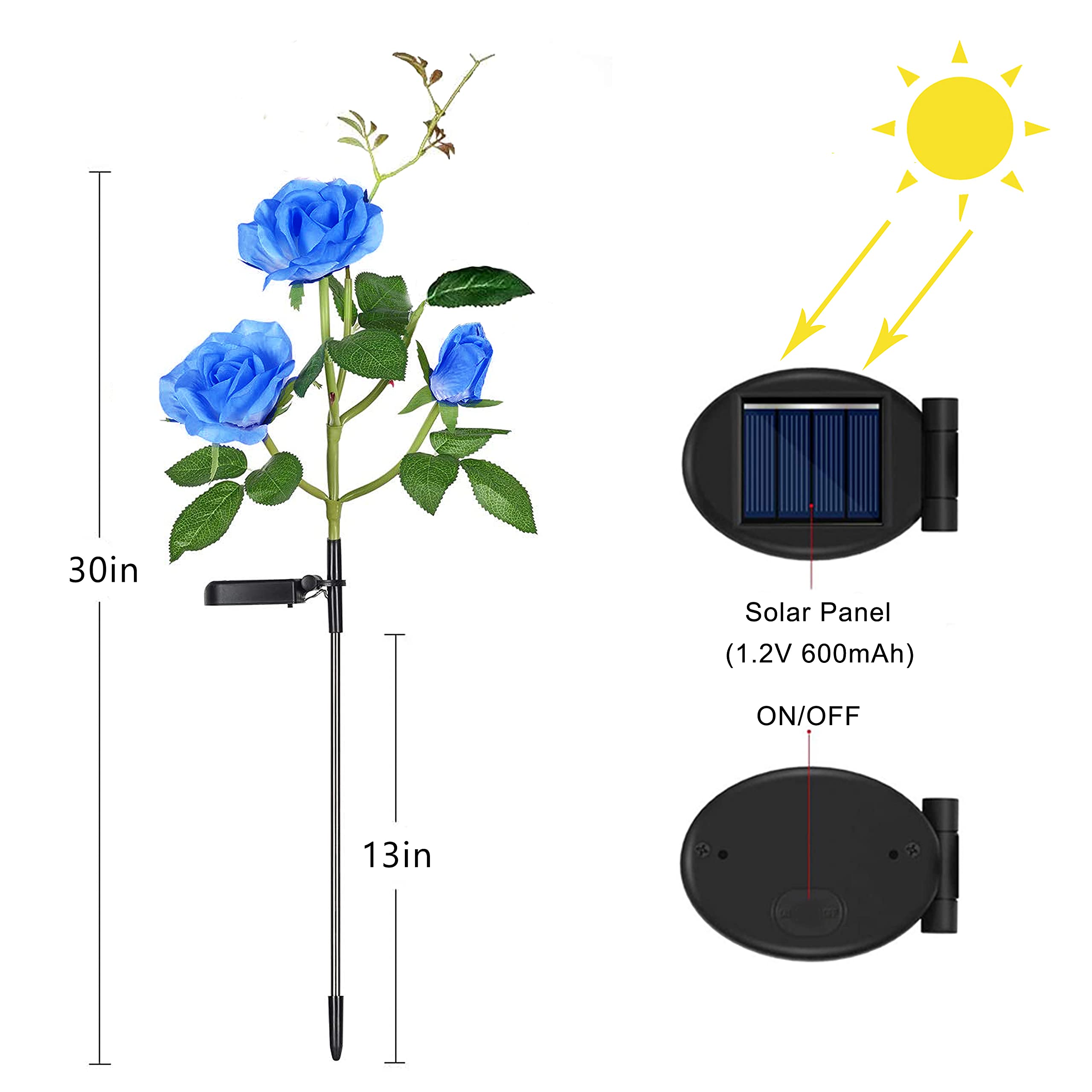Solar Rose Garden Lights - 2 Pack Waterproof LED Flower Lights for Outdoor Pathway & Cemetery Decor (Blue)