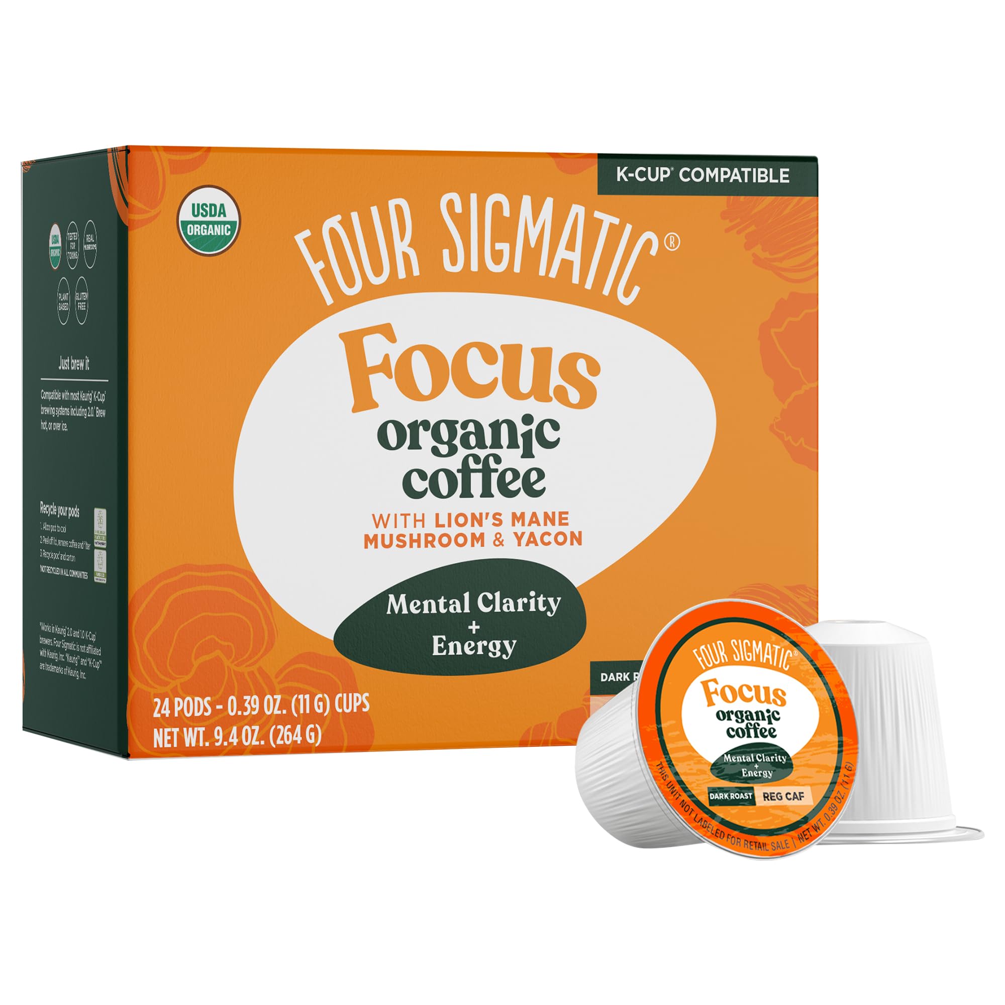 Four Sigmatic Organic Mushroom Coffee K-Cups - Lion's Mane & Yacon Dark Roast | Focus & Immune Support | Vegan, Keto-Friendly | 24 Sustainable Pods | Perfect for Home Office & Wellness Routines