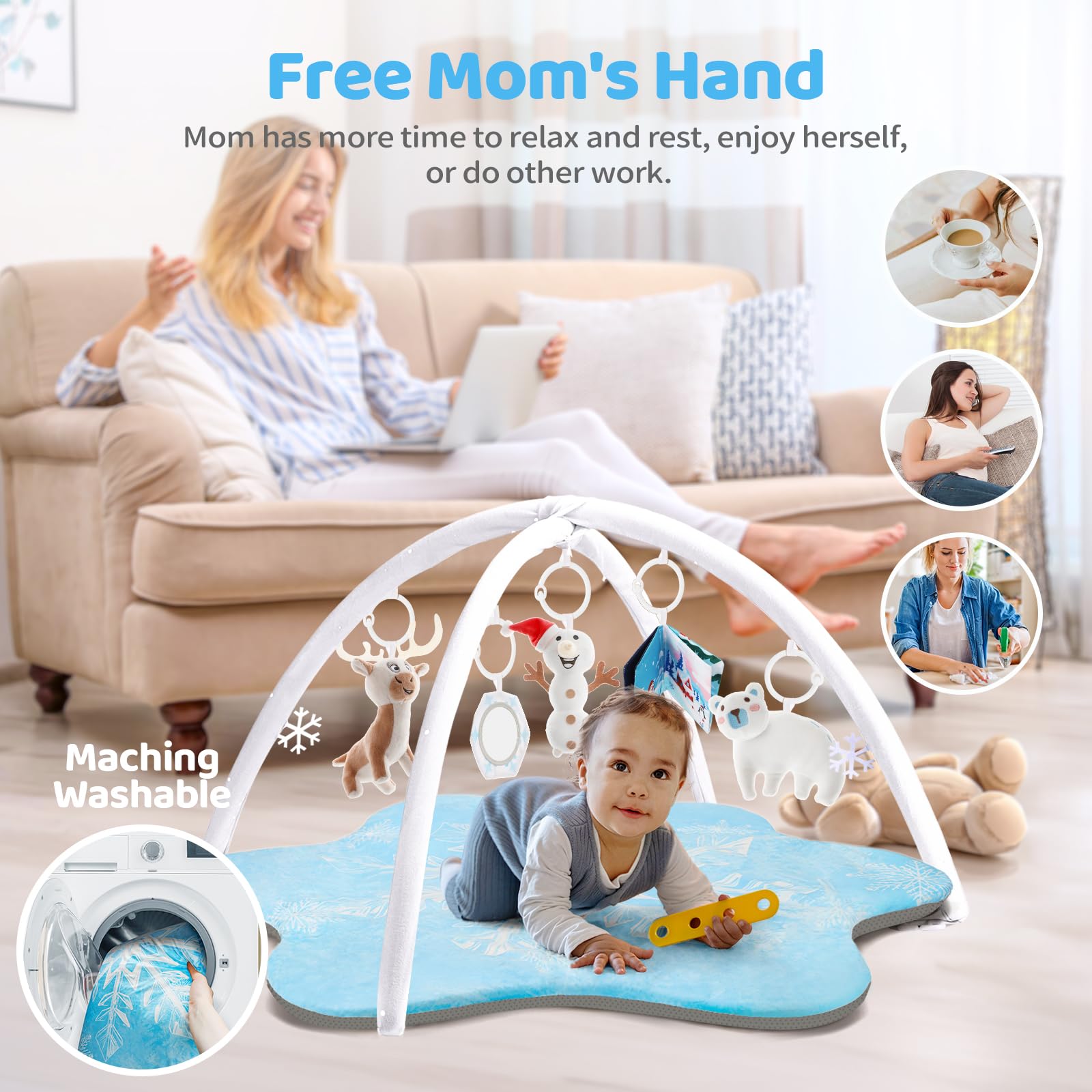 BNAKKON Baby Play Gym Mat - Extra Thick & Soft Activity Mat for Infants 0-18 Months | 5 Detachable Sensory Toys for Tummy Time & Motor Skill Development | Perfect for Nursery, Daycare & Playtime (White)