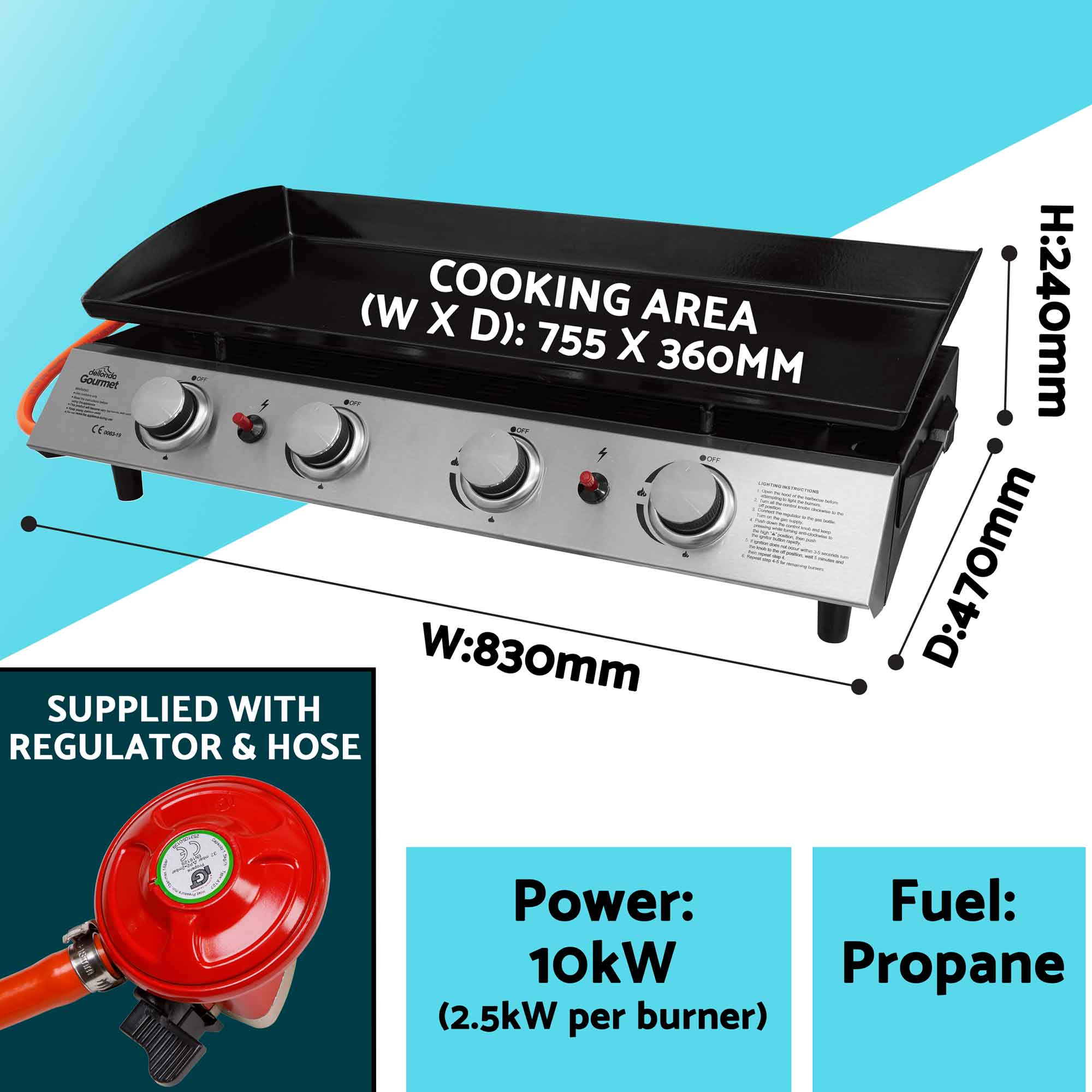4 Burner Portable Gas Griddle 10kW BBQ Grill with Cover & Trolley - Outdoor Cooking, Camping, Tailgating & Backyard Parties - DG251