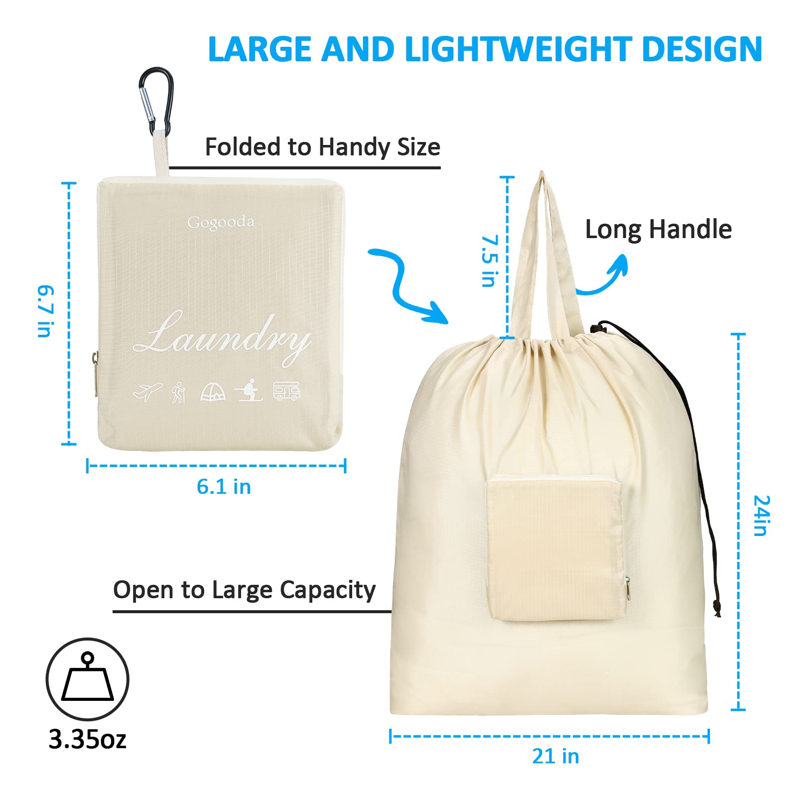 GOGOODA XL Large Travel Laundry Bags with Drawstring Closure - Foldable Dirty Clothes Storage with Handle, Heavy Duty & Washable for College Dorm, Travel, Camping - 2 Pack Beige | Perfect for Organizing Laundry on Trips, in Dorms & Outdoor Adventures