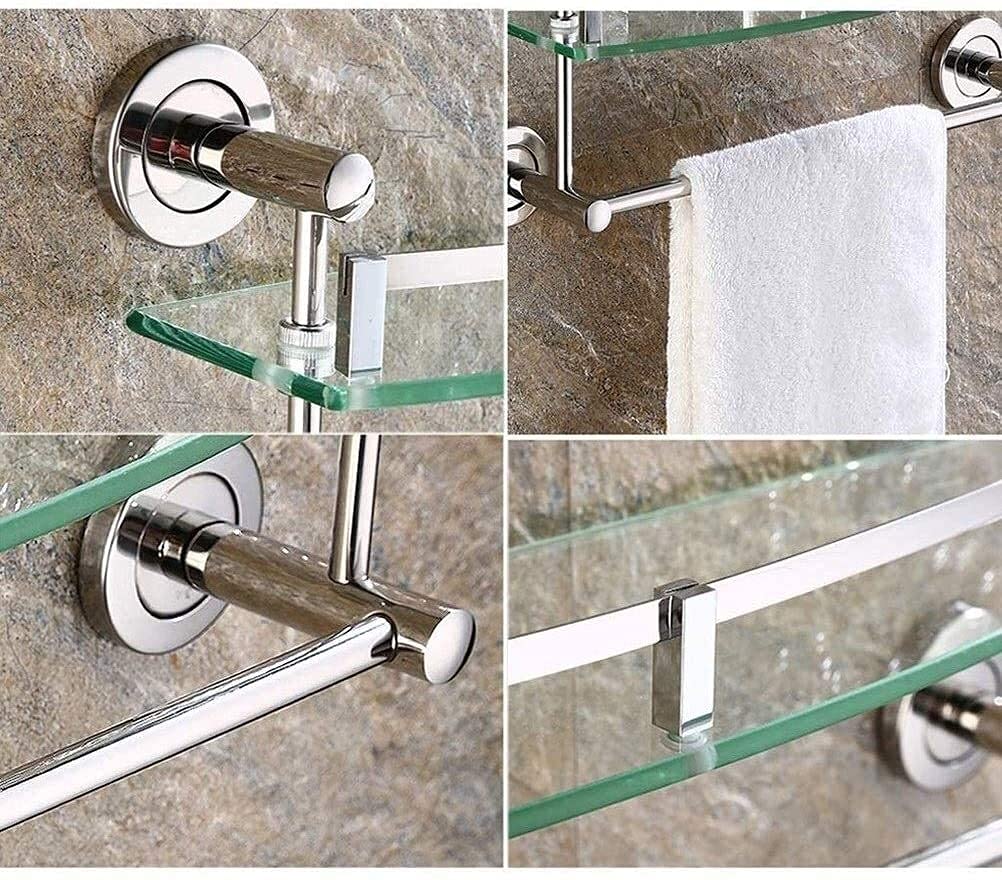 Stainless Steel Wall Mounted Bathroom Shelf with Towel Rail & Hooks - 2 Tier Corner Storage Organizer (50cm) - Perfect for Small Bathrooms, Showers & Vanity Organization