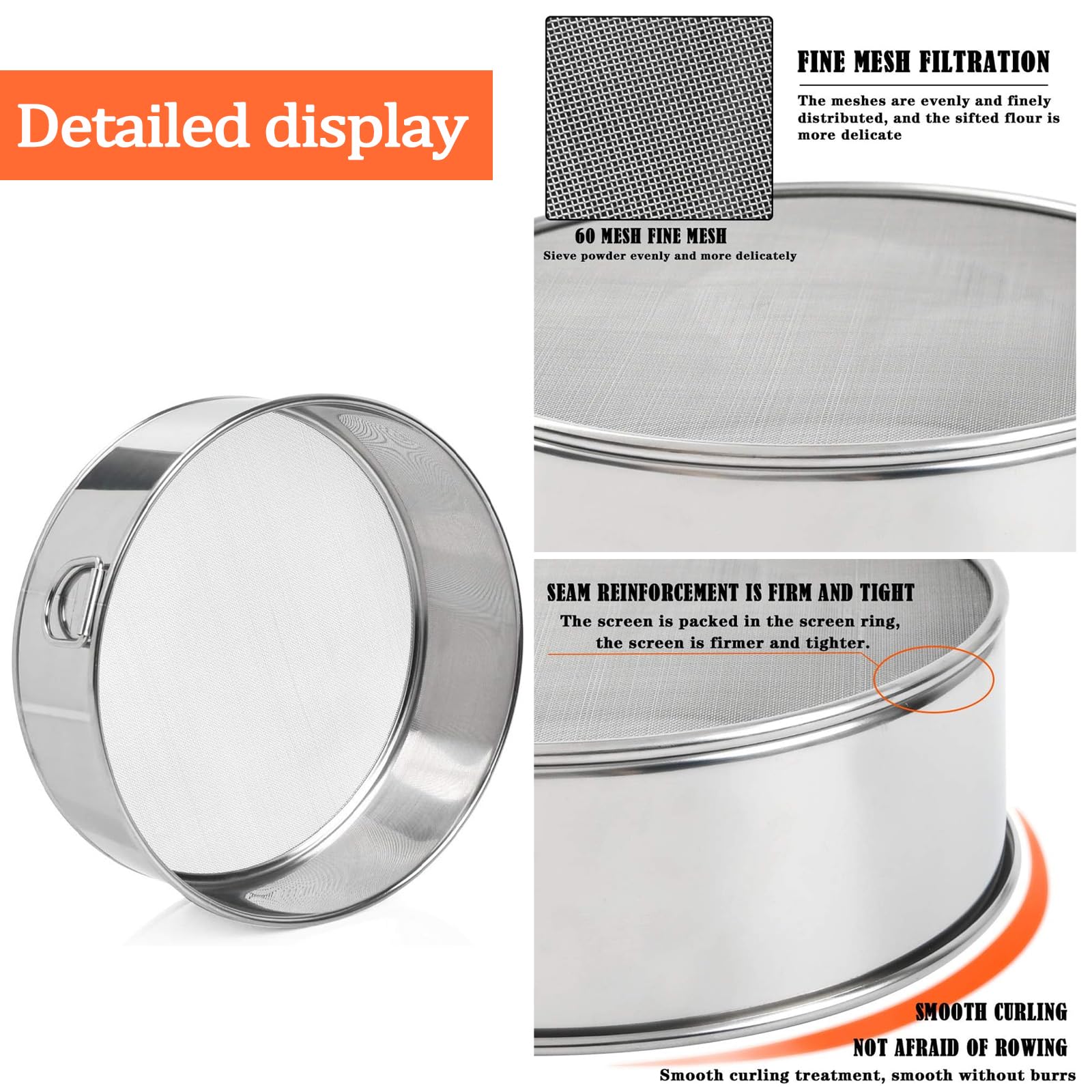 Premium 60 Mesh Stainless Steel Flour Sifter & Sieve for Baking - Fine Mesh Strainer for Cake, Bread, Pastry Dough with Dough Scraper - Ideal for Sifting Flour, Cocoa Powder, Sugar - Perfect for Home Bakers & Professional Kitchens - Easy to Clean & Durable