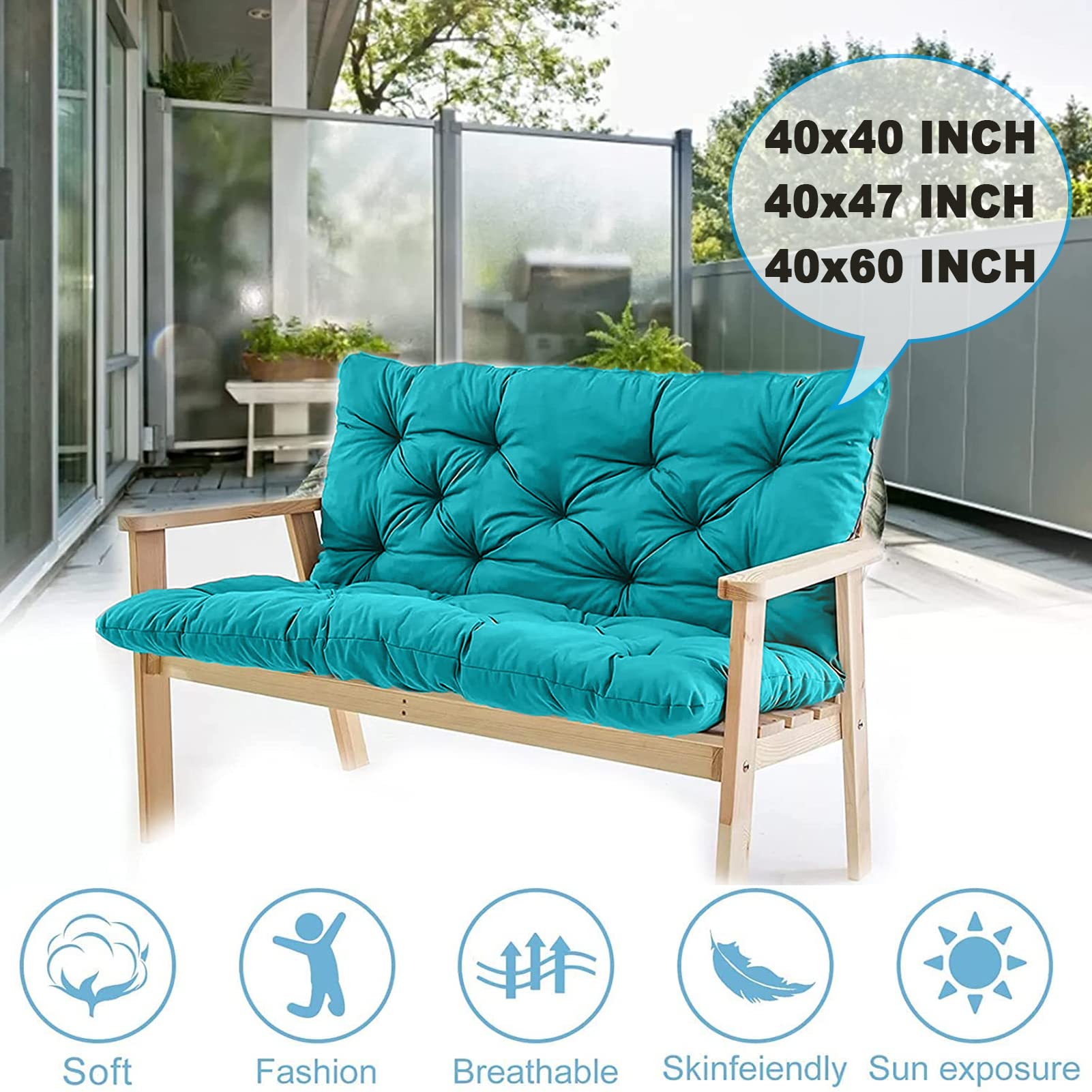 Waterproof Outdoor Swing Replacement Cushions with Backrest - 40x47 Inch Lake Blue Washable Bench Cushions for Patio, Garden & Loveseat (2-3 Seater) - Perfect for Relaxing in Your Backyard or Poolside