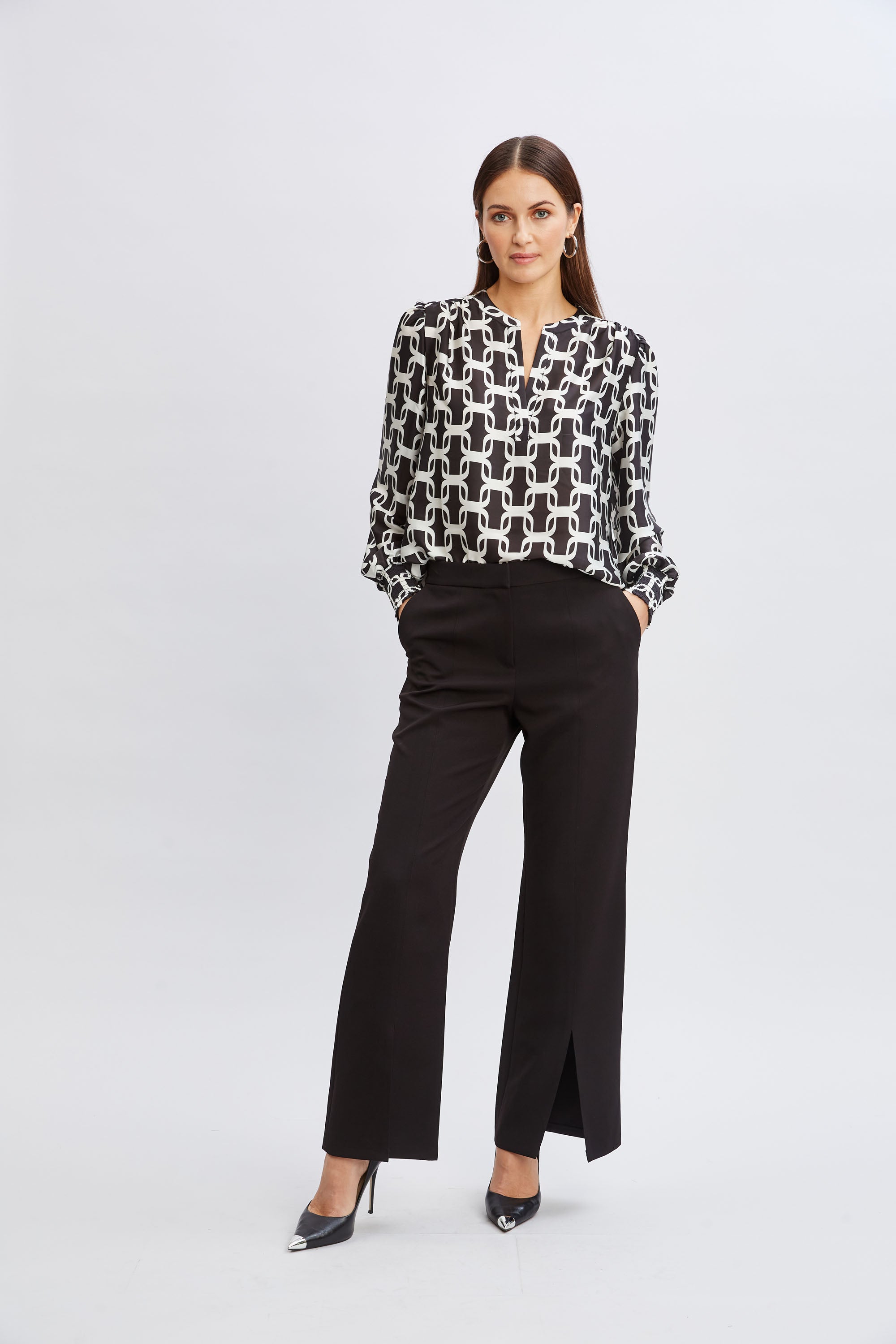 Tahari Geometric Chain Print Blouse for Women - Elegant Long Sleeve Button Down Shirt for Office, Party & Formal Occasions