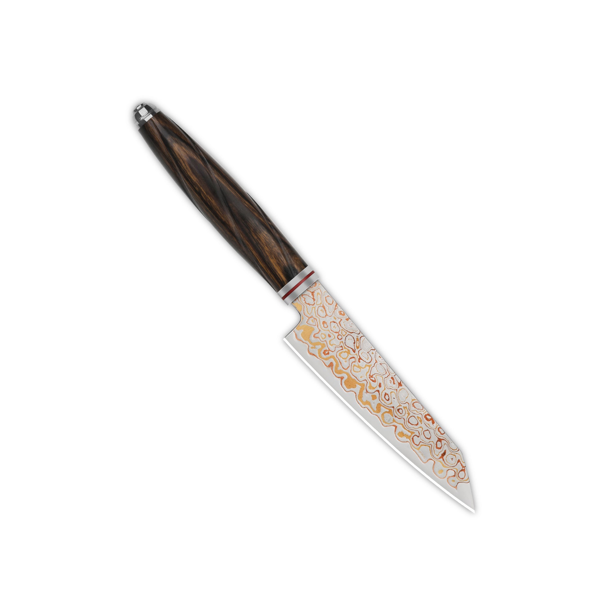 QSP 4'' Kiritsuke Kitchen Knife - Brass Copper Damascus Steel Blade with Desert Ironwood Handle - Mulan Series QS KK 005C - Perfect for Sushi, Vegetables & Precision Cutting