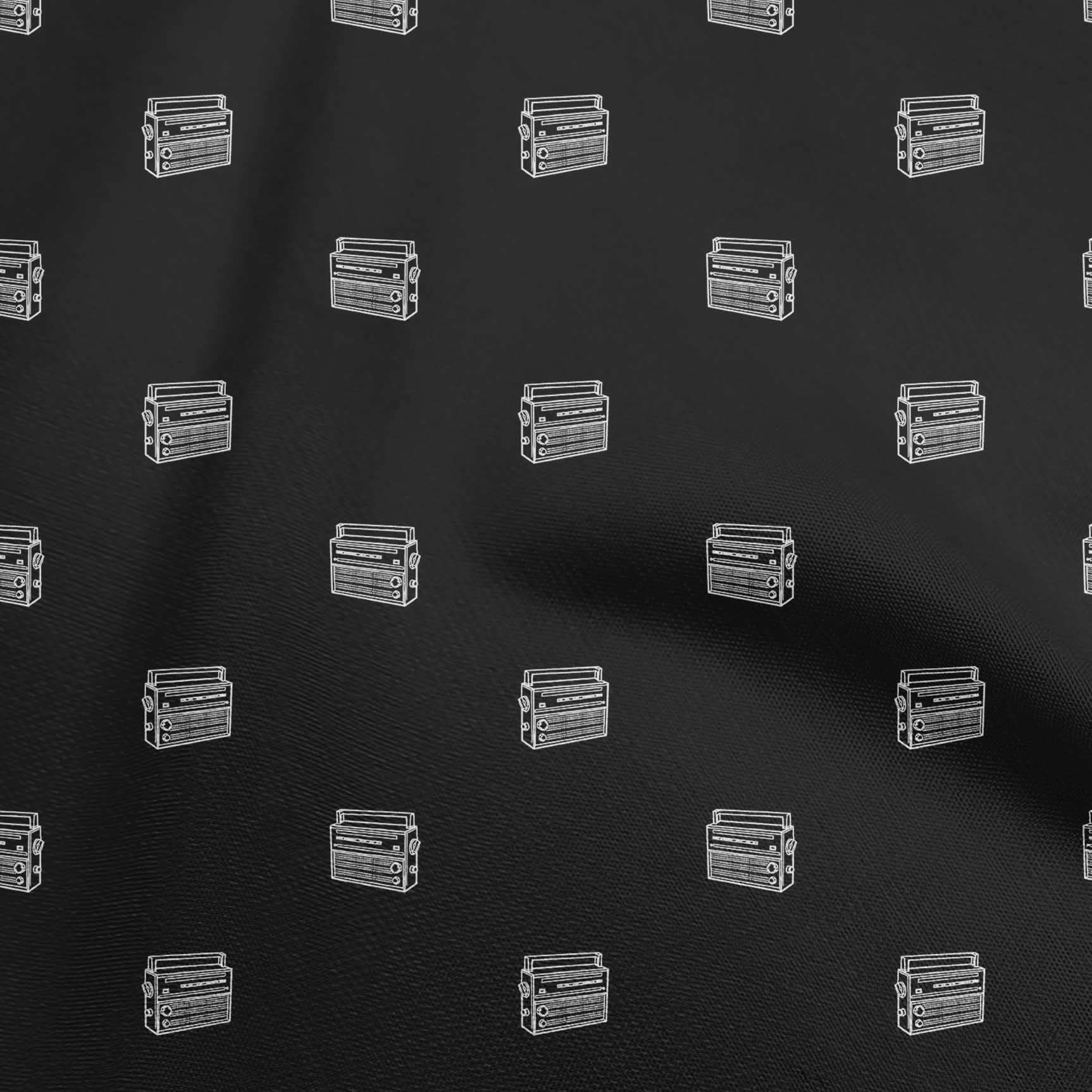 oneOone Polyester Spandex Black Retro Radio Print Fabric - 56 Inch Wide DIY Clothing & Quilting Material for Vintage Style Dresses, Skirts, and Home Decor Projects