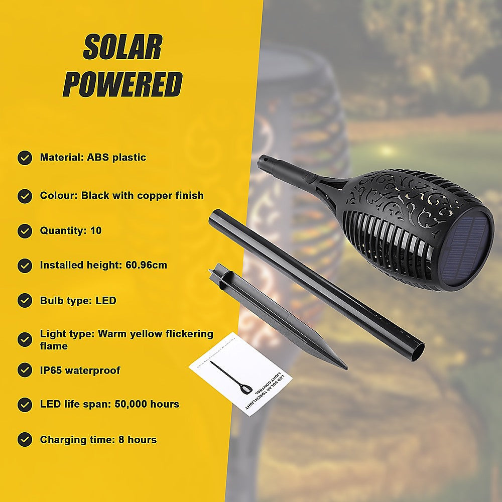 10 Pack Solar Torch Lights - 96 LED Flickering Flame Garden Lights with Dancing Effect | Waterproof Outdoor Landscape Lighting for Patio, Yard, Pathway & Garden Decor
