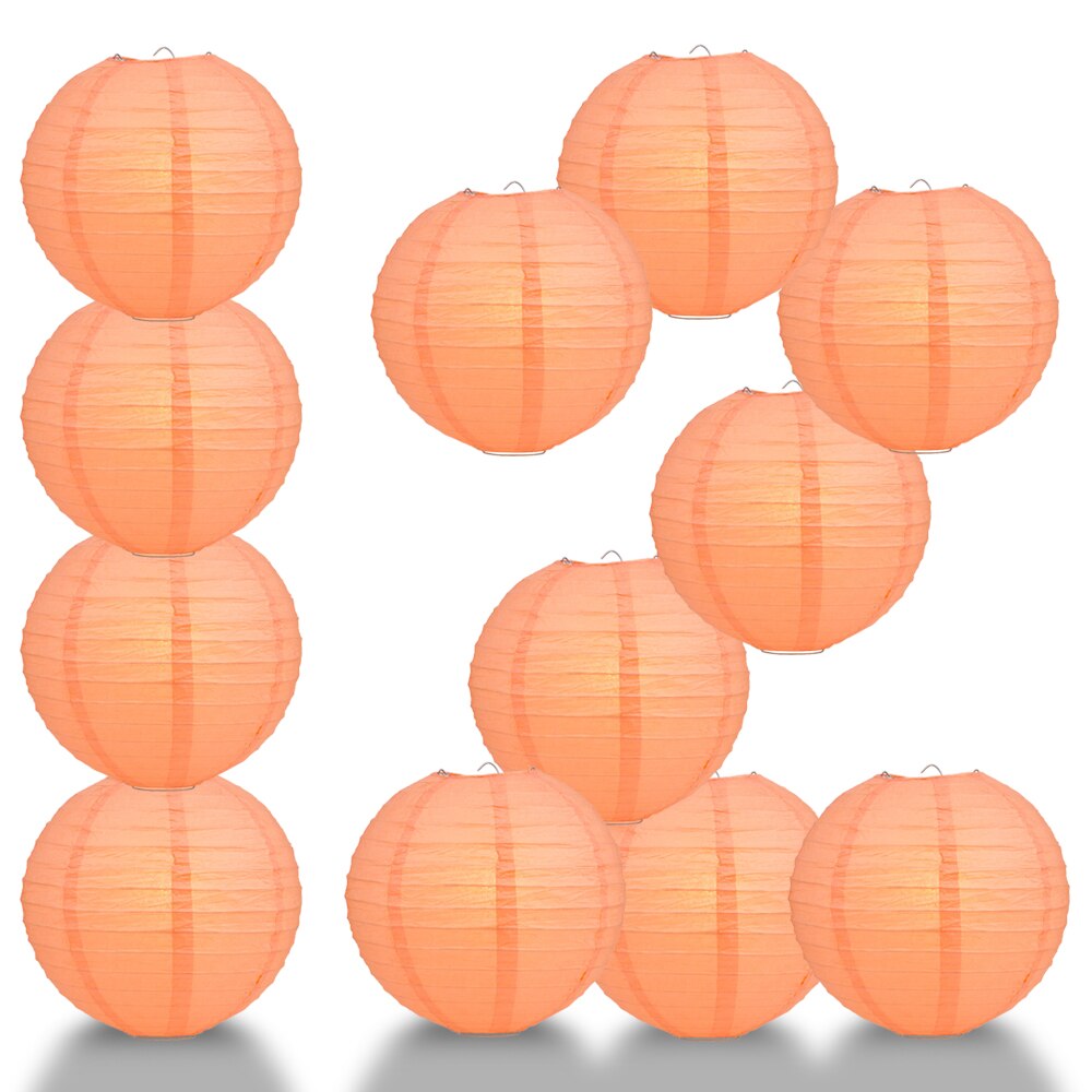 12 Pack 24 Inch Peach/Orange Coral Parallel Ribbing Round Paper Lanterns - Perfect for Wedding Decor, Party Supplies, Home Decoration & Asian Festival Lighting
