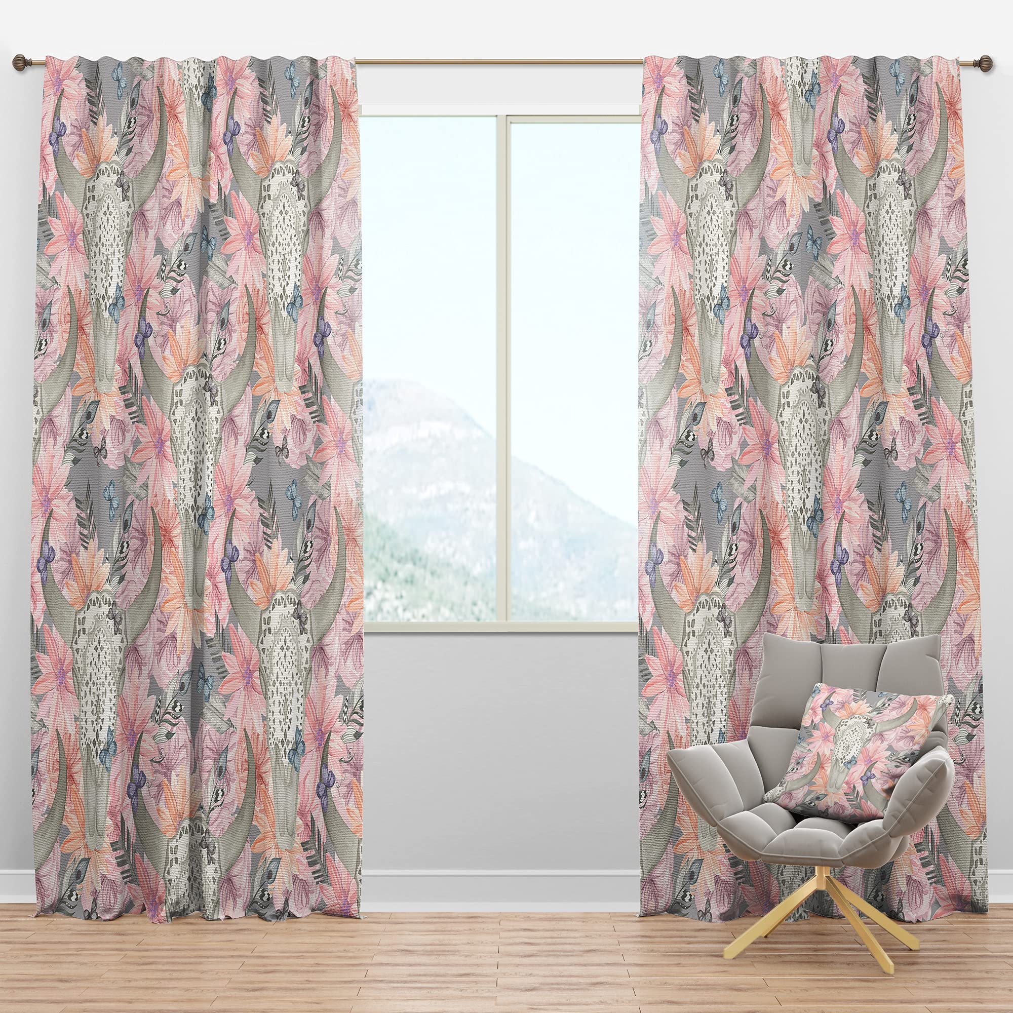 DesignQ Blackout Curtains 'Skull Bull in Flowers' - Thermal Insulated Single Panel (52x95 inches) for Bedroom & Living Room - Perfect for Home Decor, Light Blocking & Temperature Control