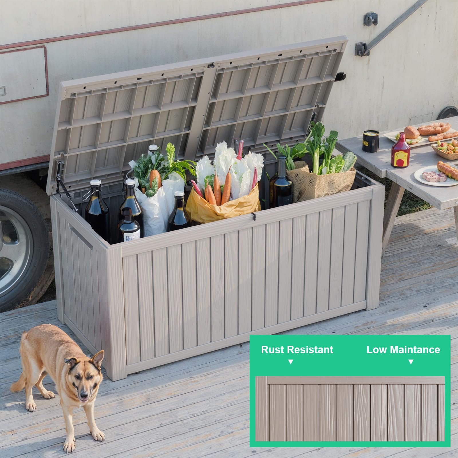 ROJIK 180 Gallon Outdoor Storage Deck Box - Waterproof Patio Furniture Cover, Garden Tool Organizer, Pool Accessories & Cushion Storage Bench with Lockable Lid & Side Handles (Cappuccino) - Perfect for Backyard, Garden, Poolside & Deck Organization