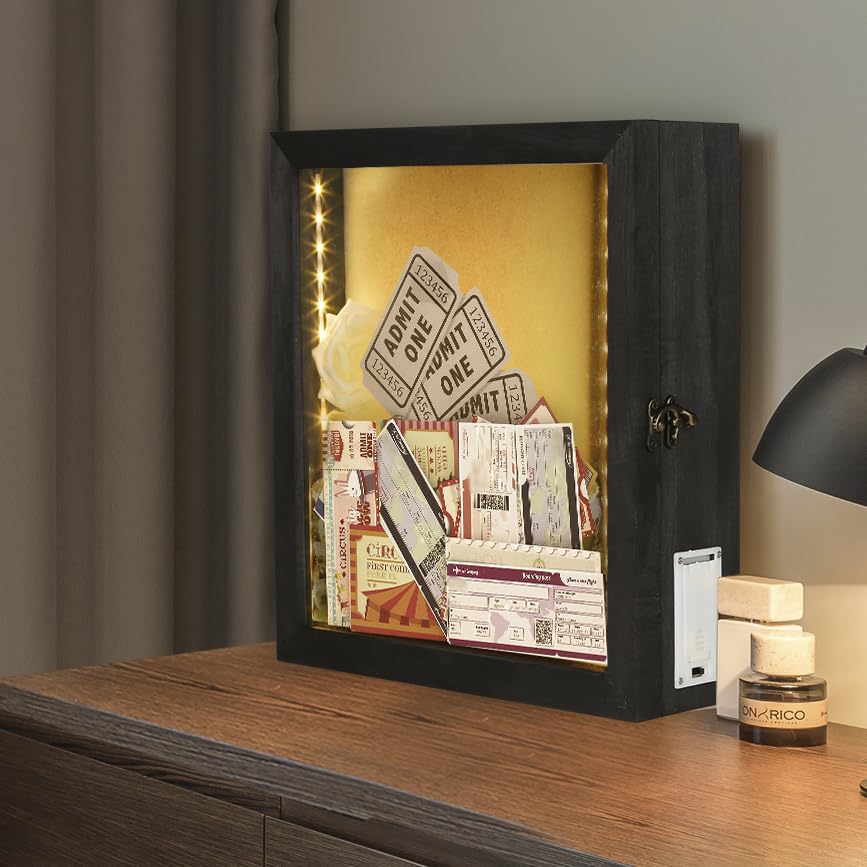 Romingo 11x12 Inch LED Shadow Box Frame - Wine Cork Display Case with Lights for Keepsakes, Memorabilia, Awards & Photos (Black) | Perfect for Home Decor, Wedding Gifts & Memory Preservation