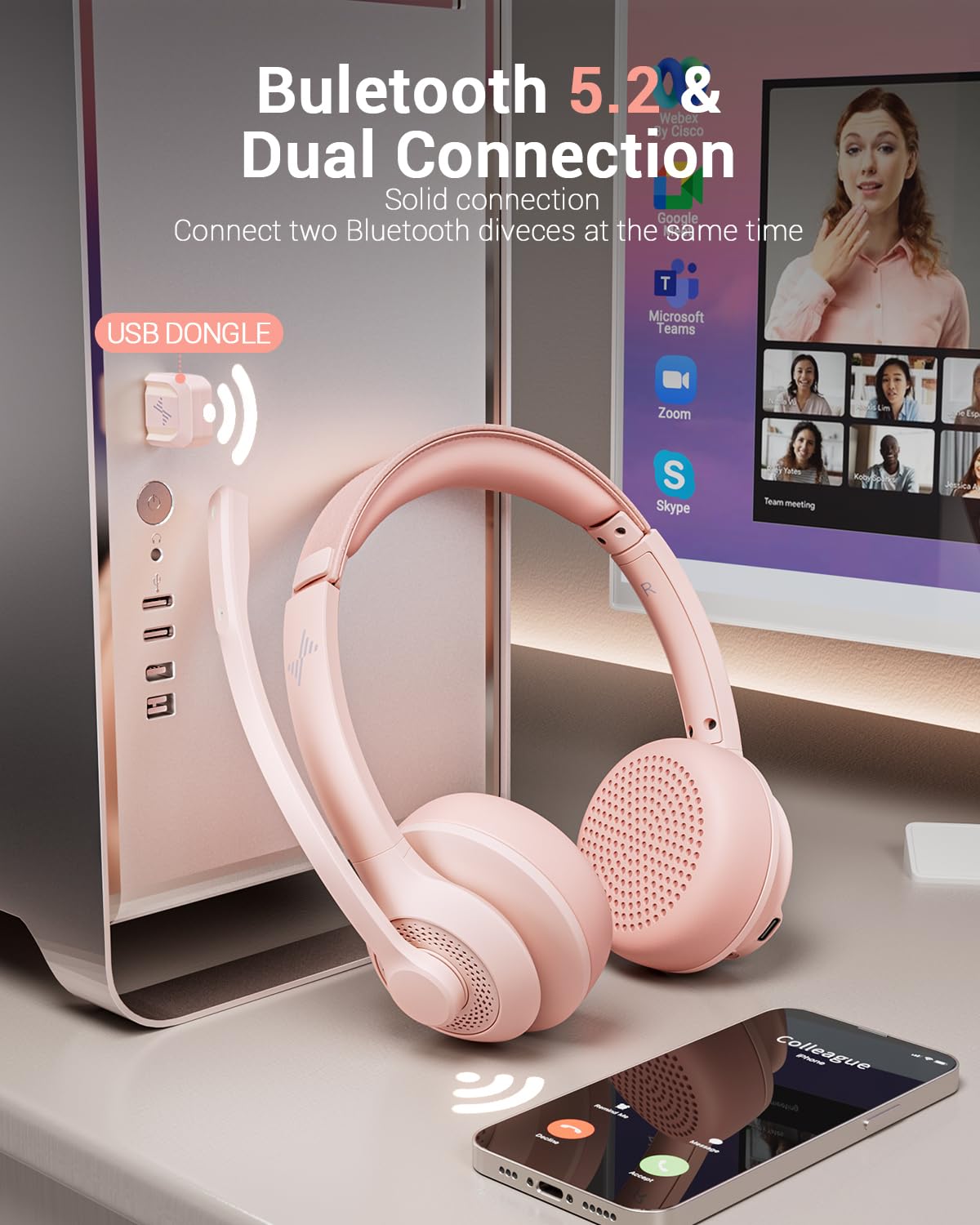 Wireless Bluetooth Headset with AI Noise Cancelling Microphone - Bluetooth 5.2 Headphones with USB Dongle & Mic Mute for PC, Laptop, iPhone, Android | Perfect for Online Meetings, Gaming & Remote Work (Pink)