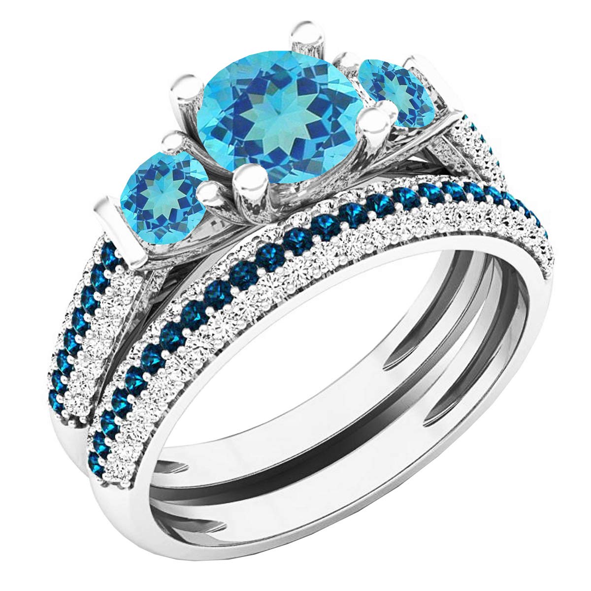 10K White Gold Blue & White Diamond Bridal Engagement Ring Set - Dazzlingrock Collection Round Gemstone Ring for Women, Perfect for Proposals, Weddings & Anniversaries