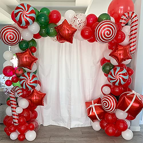 112-Piece Christmas Balloon Garland Arch Kit with Red, Green & White Confetti Balloons, Candy Cane Gift Box, Foil & Star Balloons - Perfect for Xmas, Wedding, Anniversary & Holiday Party Decorations